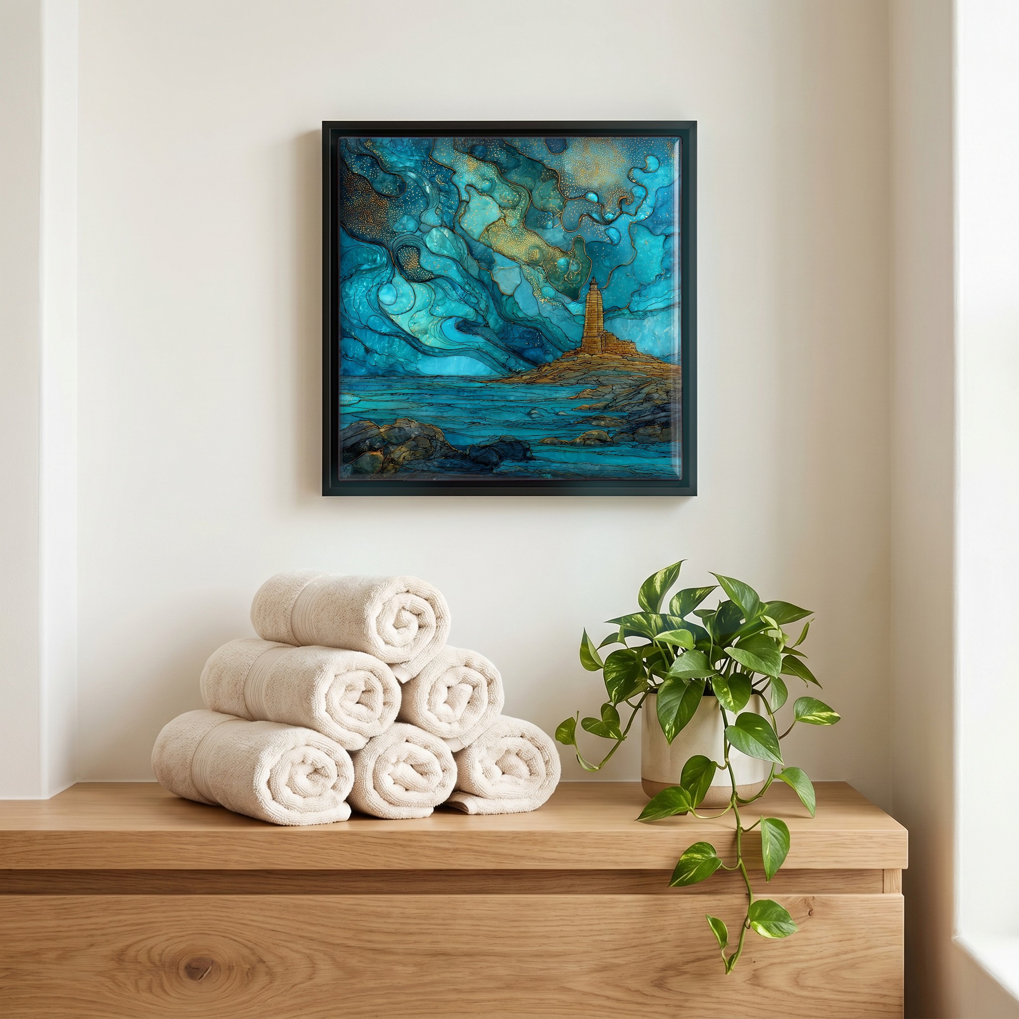 Above the linens, in a slim black surround.