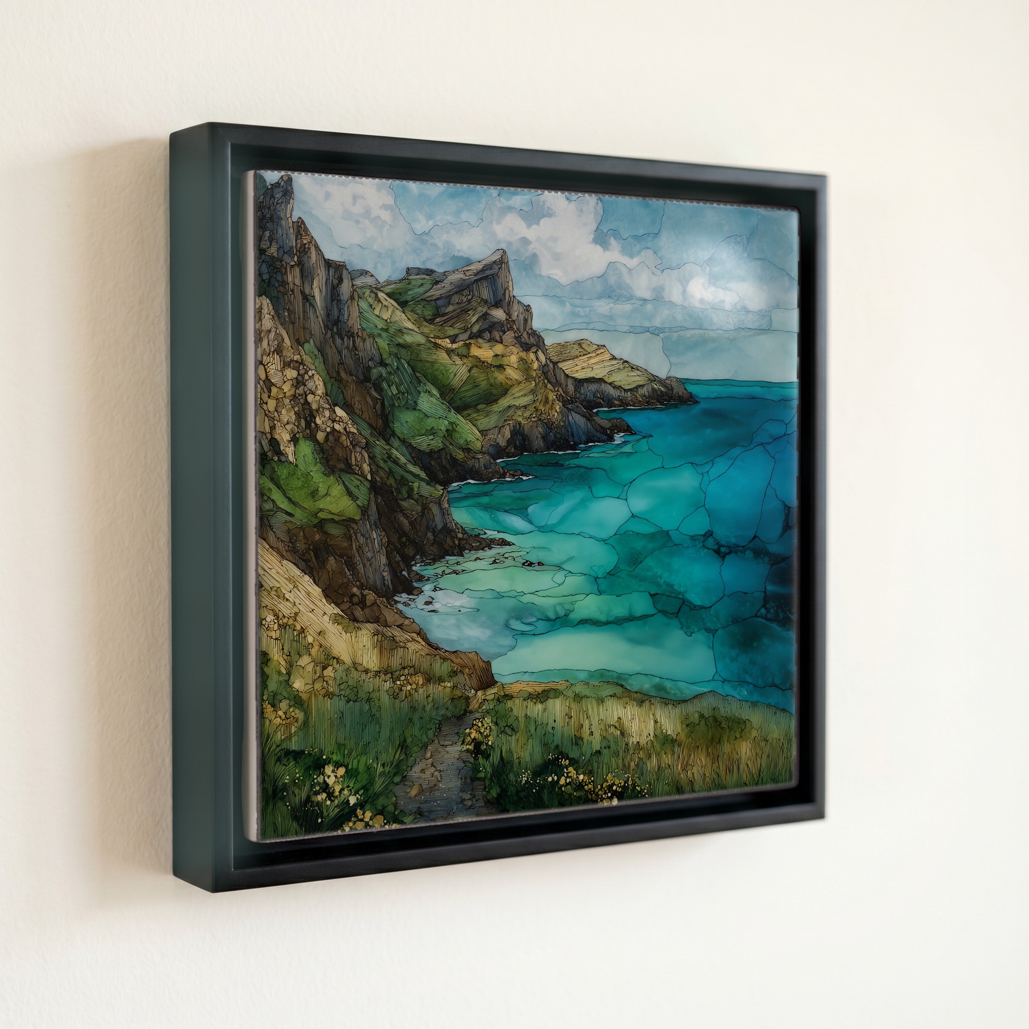 shown in a slim black floating frame · 6 × 6 in
