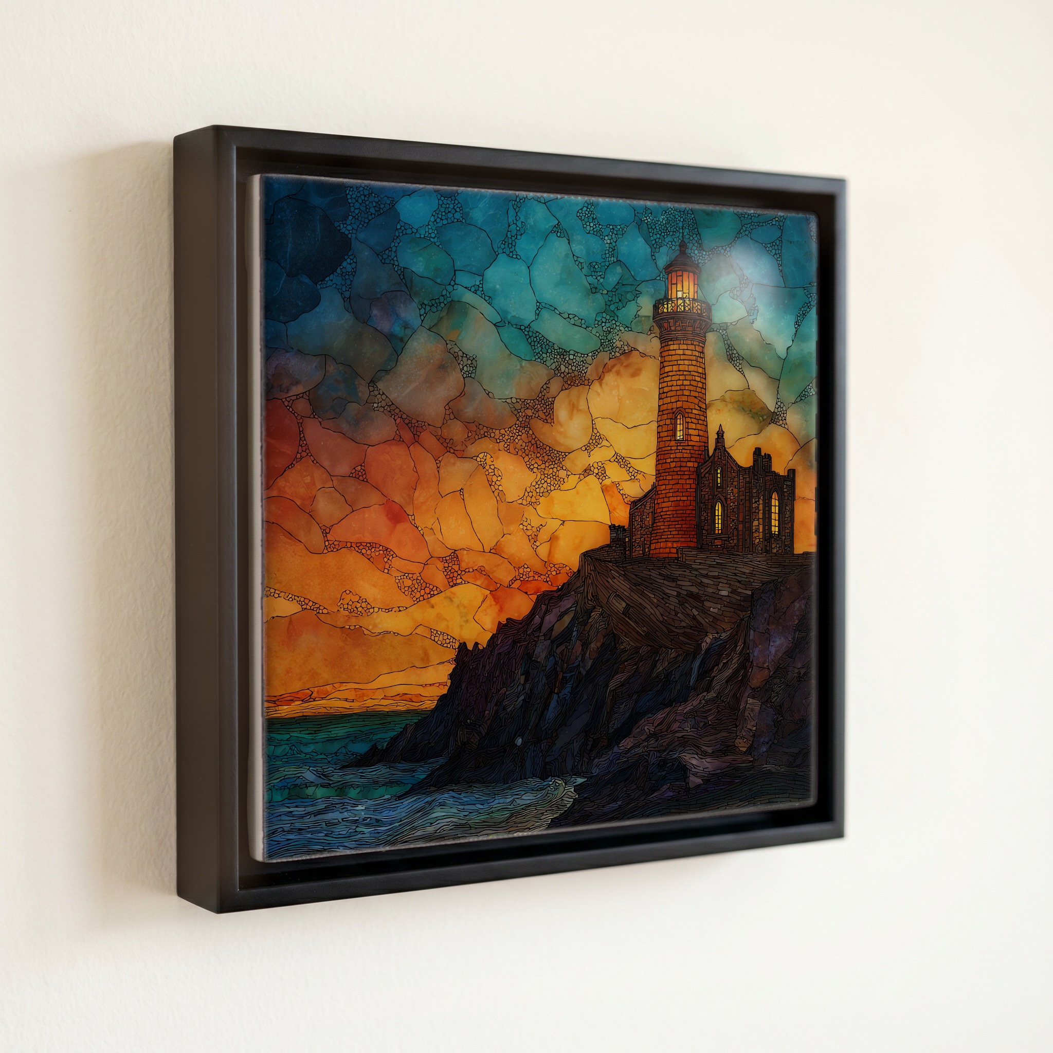 shown in a slim black floating frame · 6 × 6 in