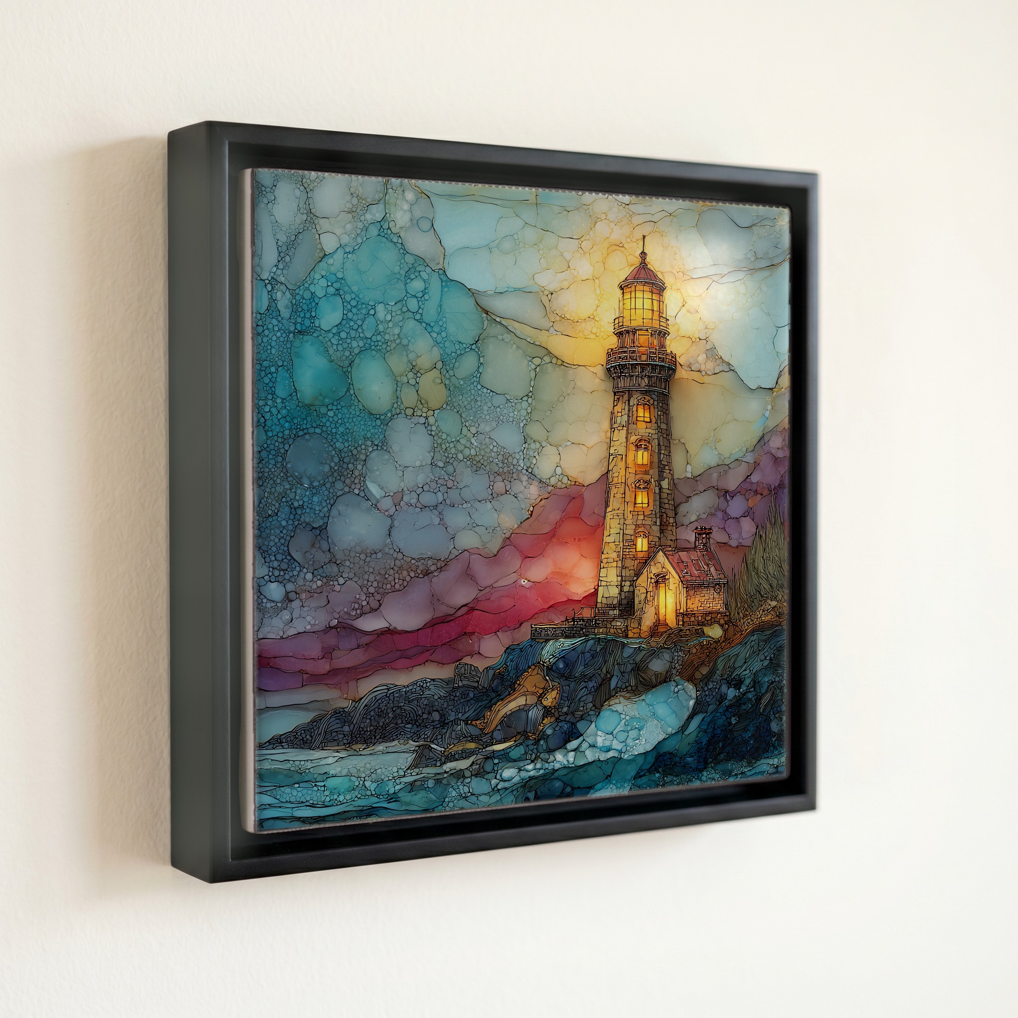 shown in a slim black floating frame · 6 × 6 in