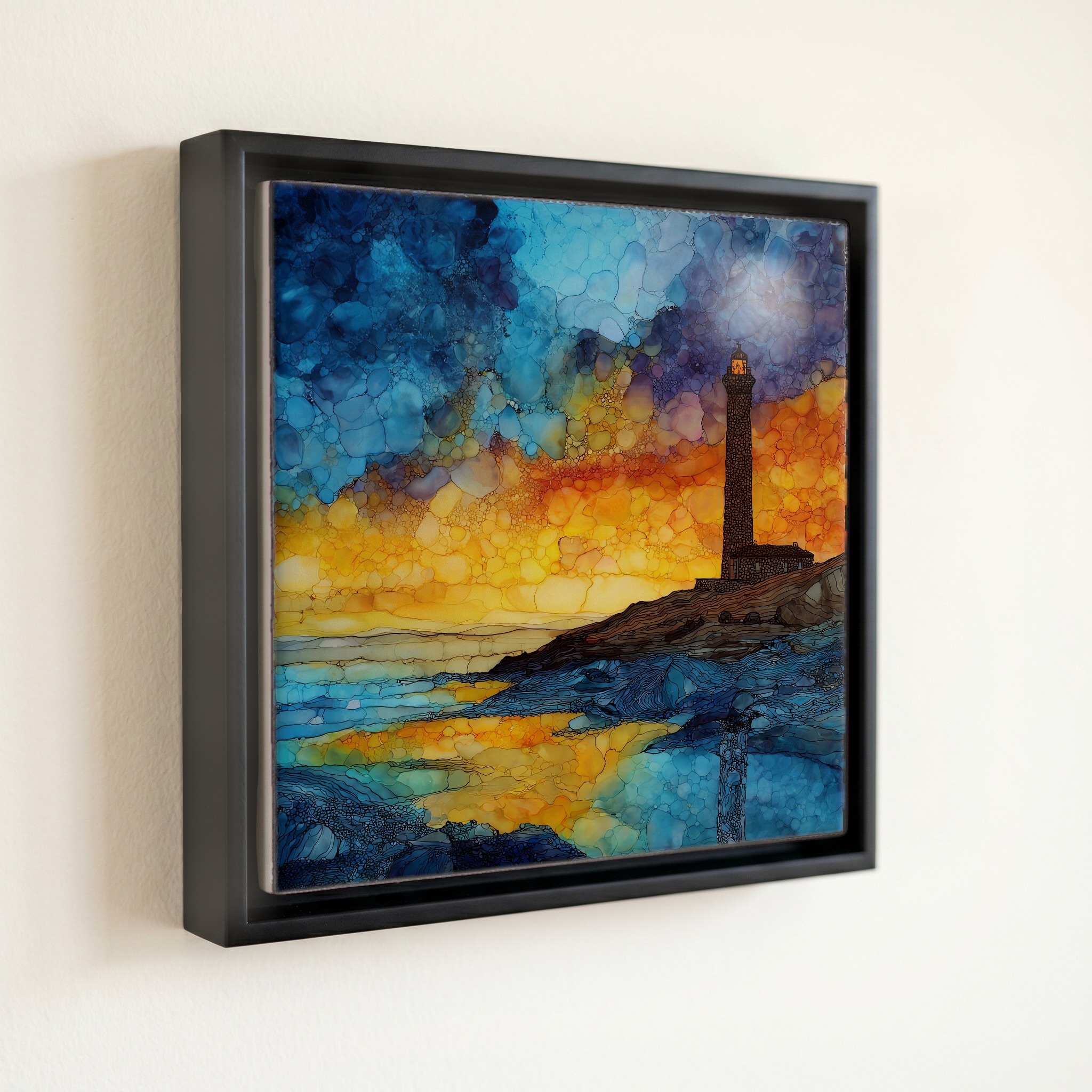 shown in a slim black floating frame · 6 × 6 in