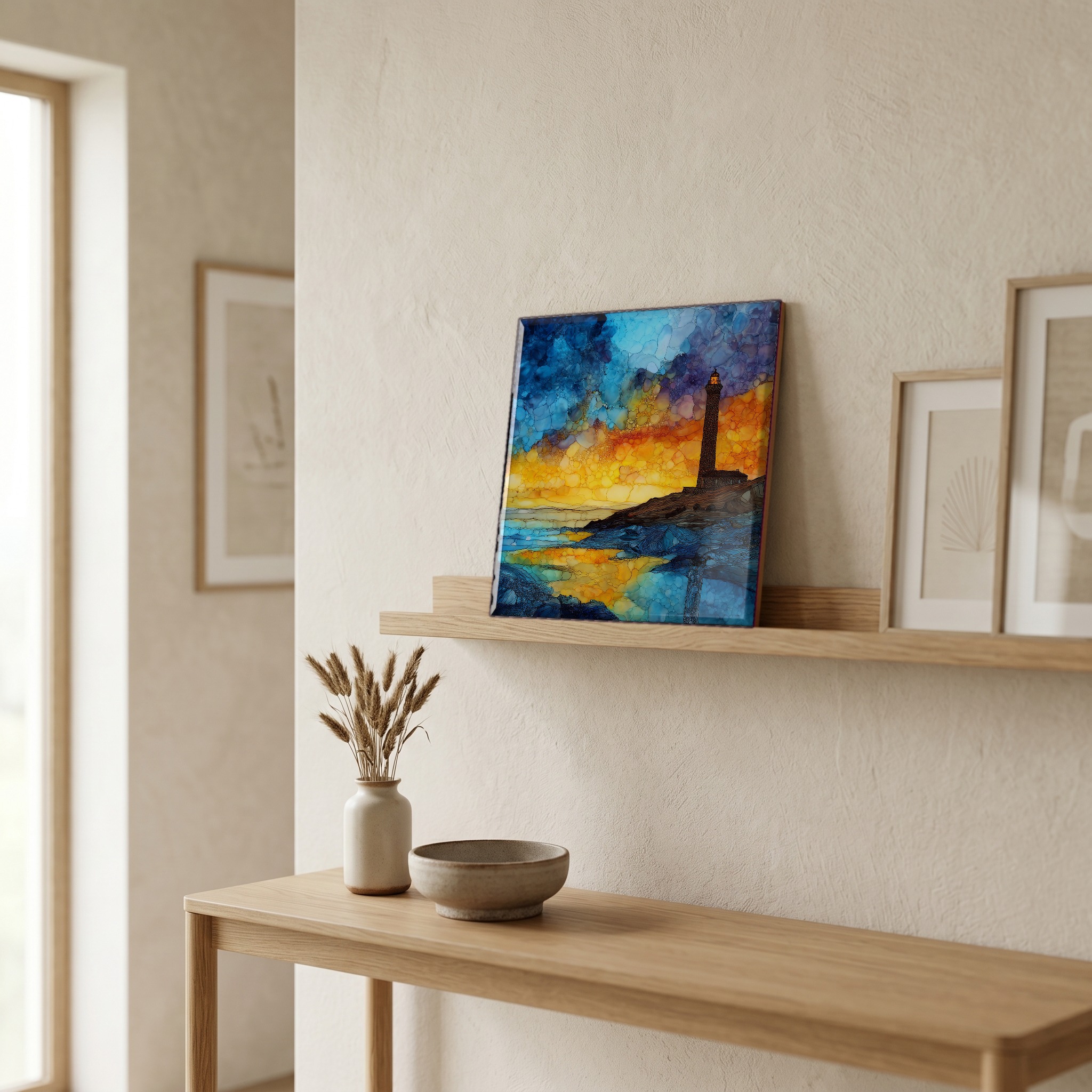 On a picture ledge, where the light comes in.