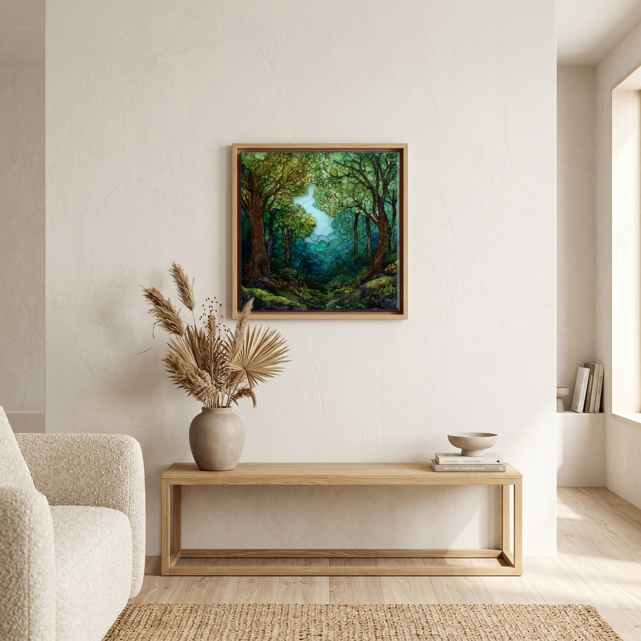 Above the bench, in a warm oak surround.