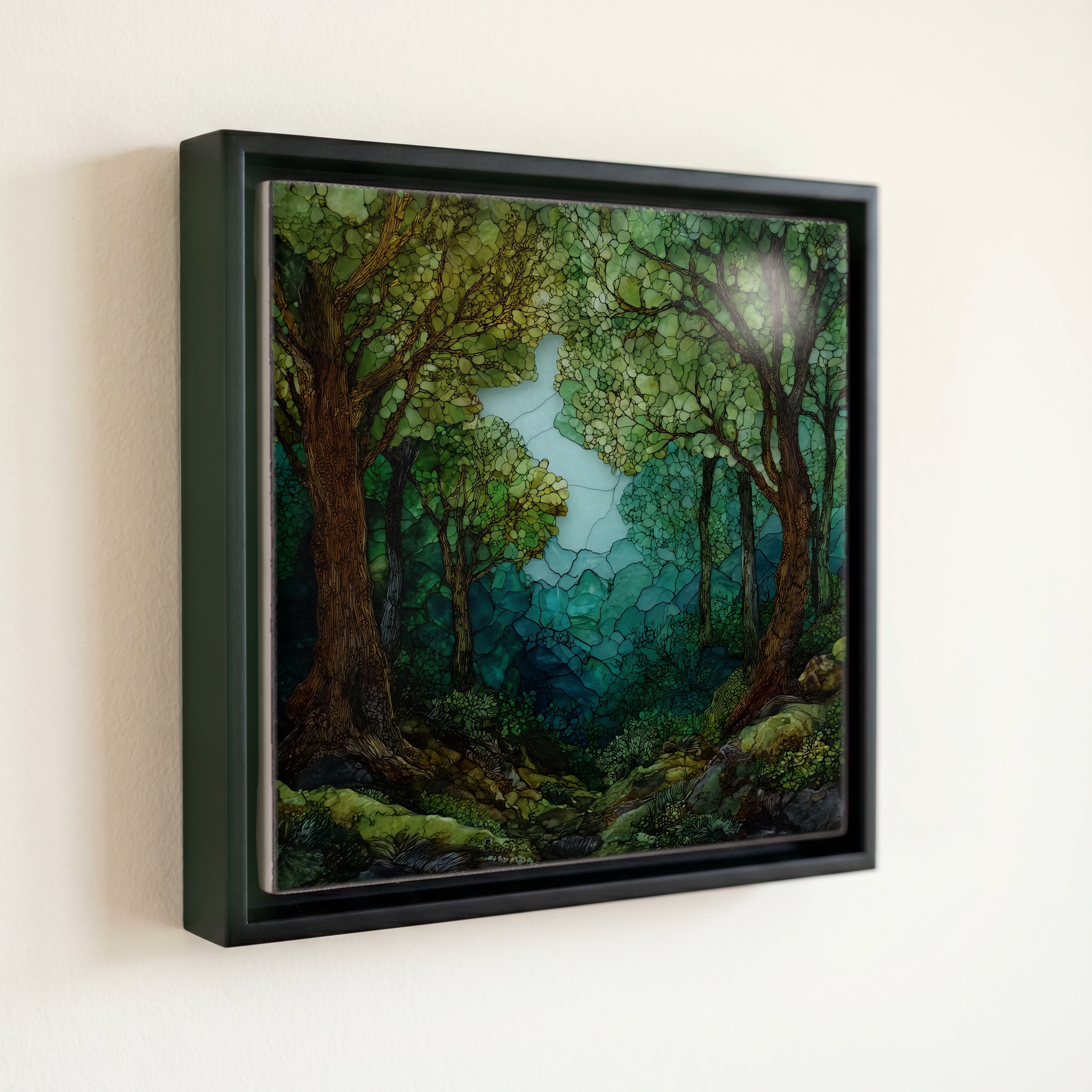 shown in a slim black floating frame · 6 × 6 in