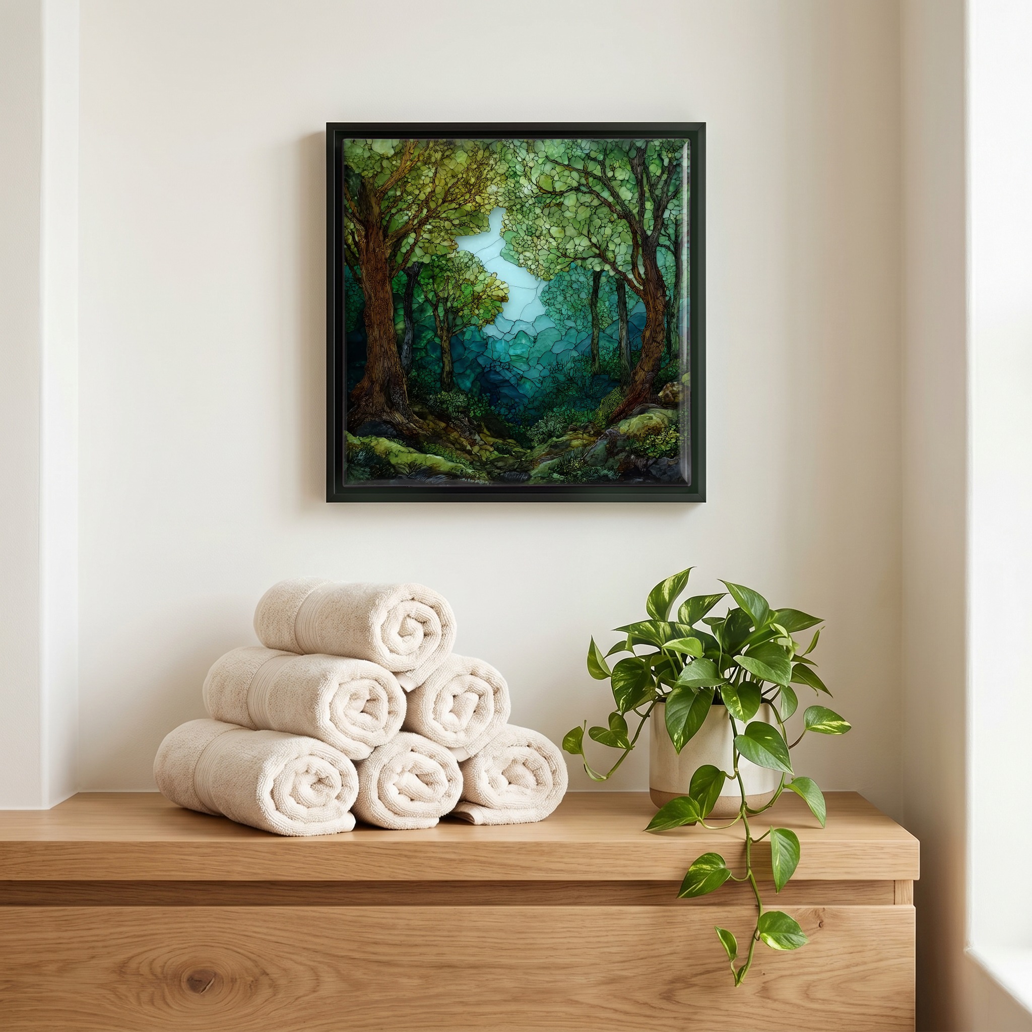Above the linens, in a slim black surround.