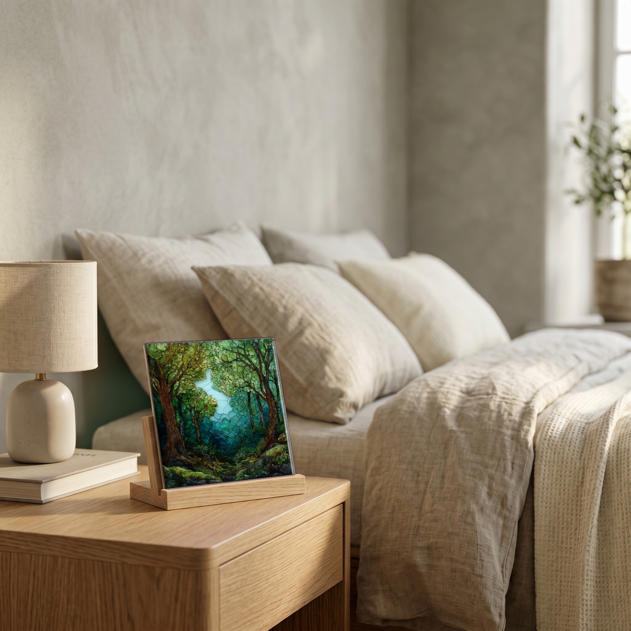 On the nightstand, on a light oak stand.