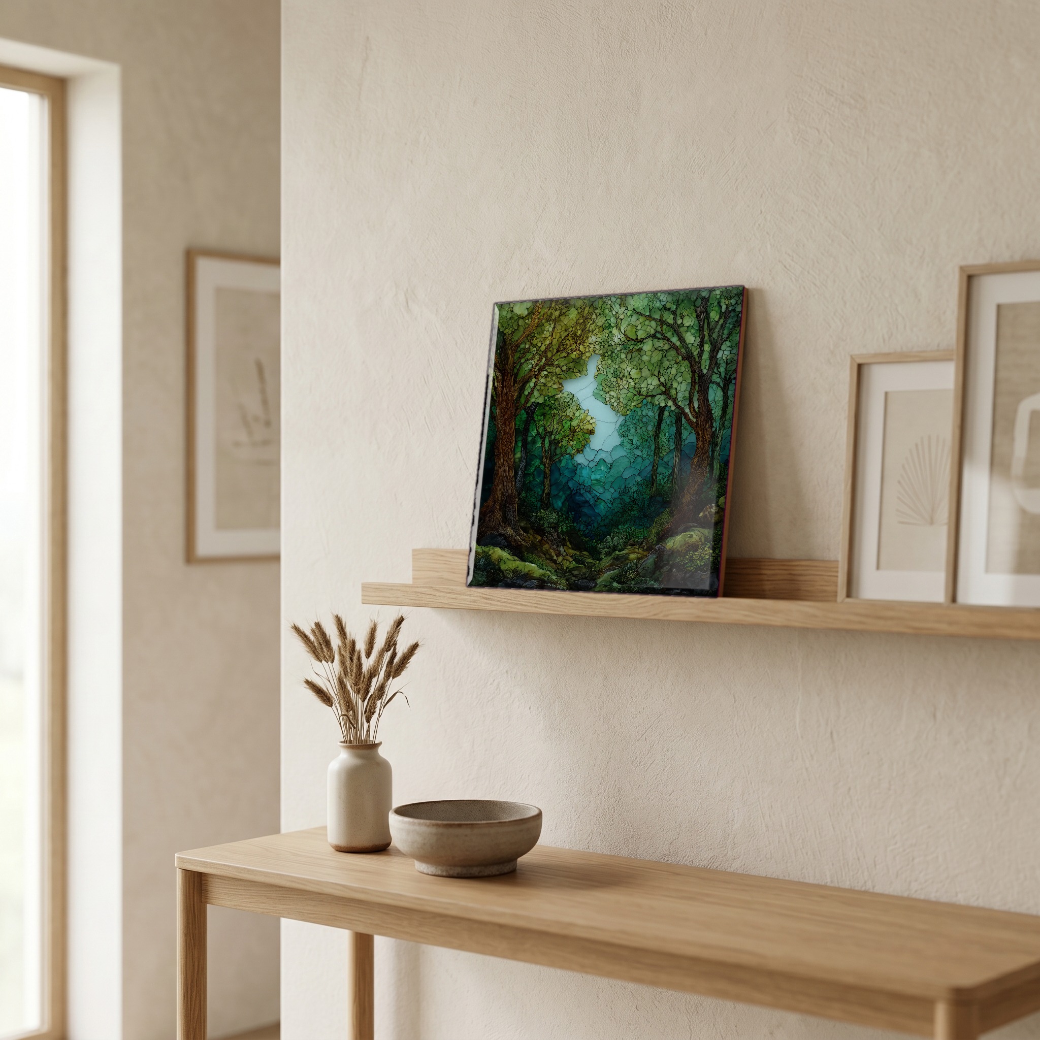 On a picture ledge, where the light comes in.