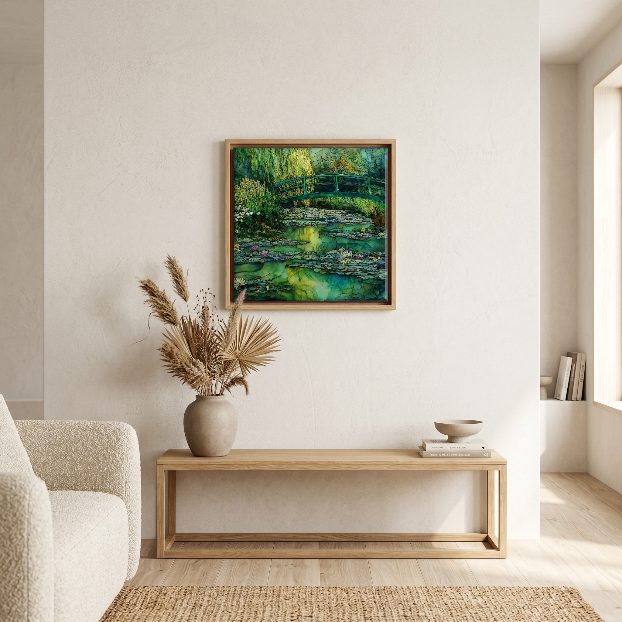 Above the bench, in a warm oak surround.