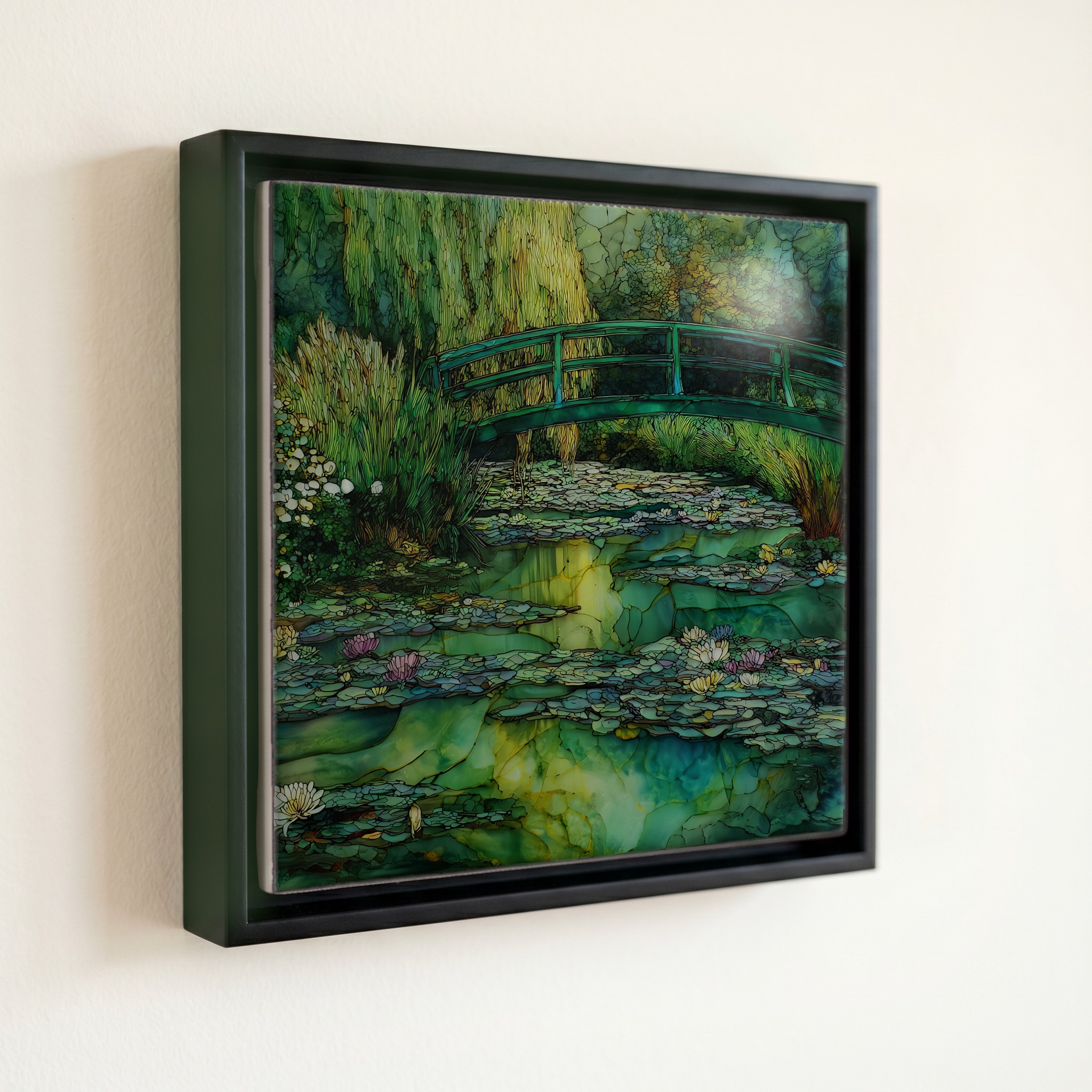shown in a slim black floating frame · 6 × 6 in