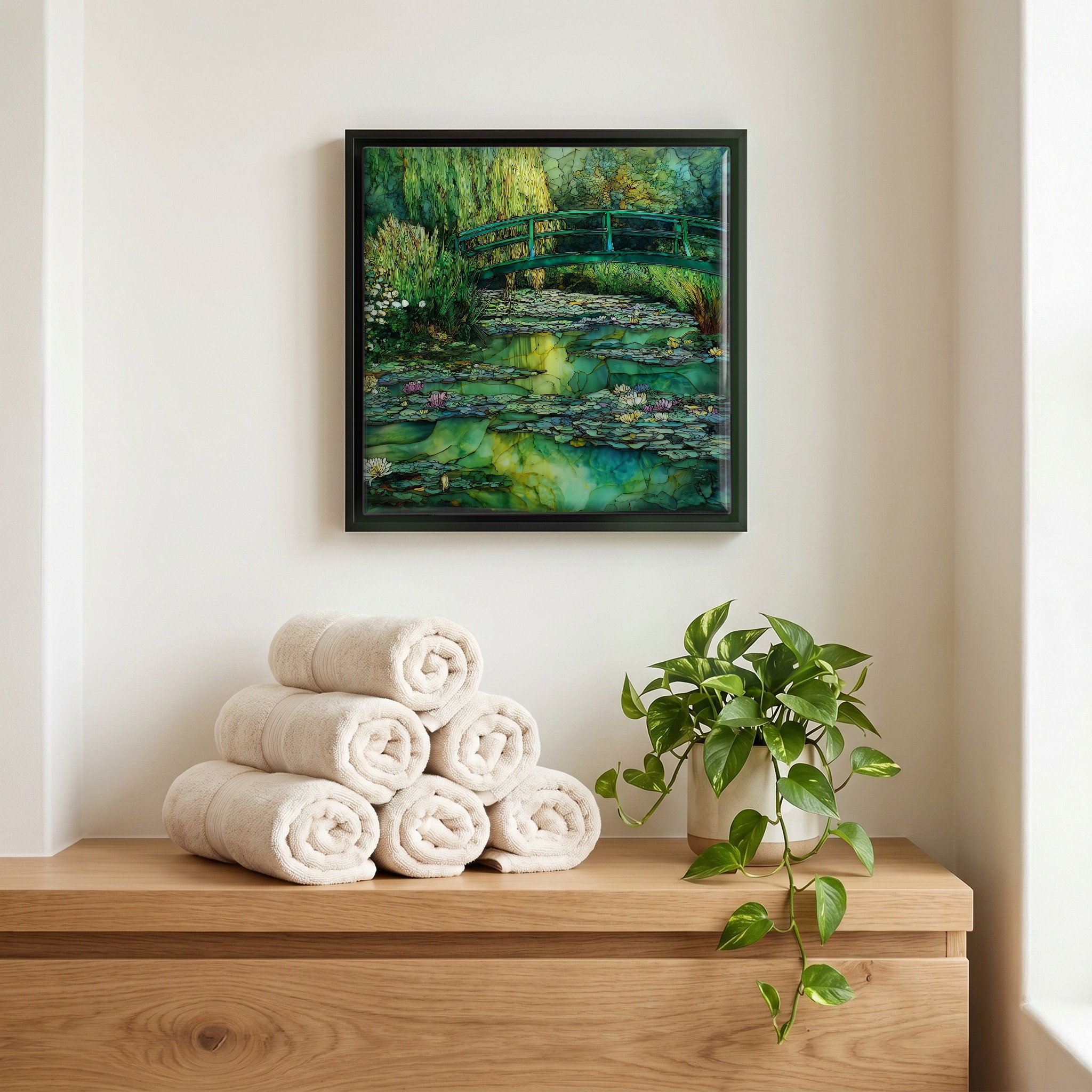 Above the linens, in a slim black surround.