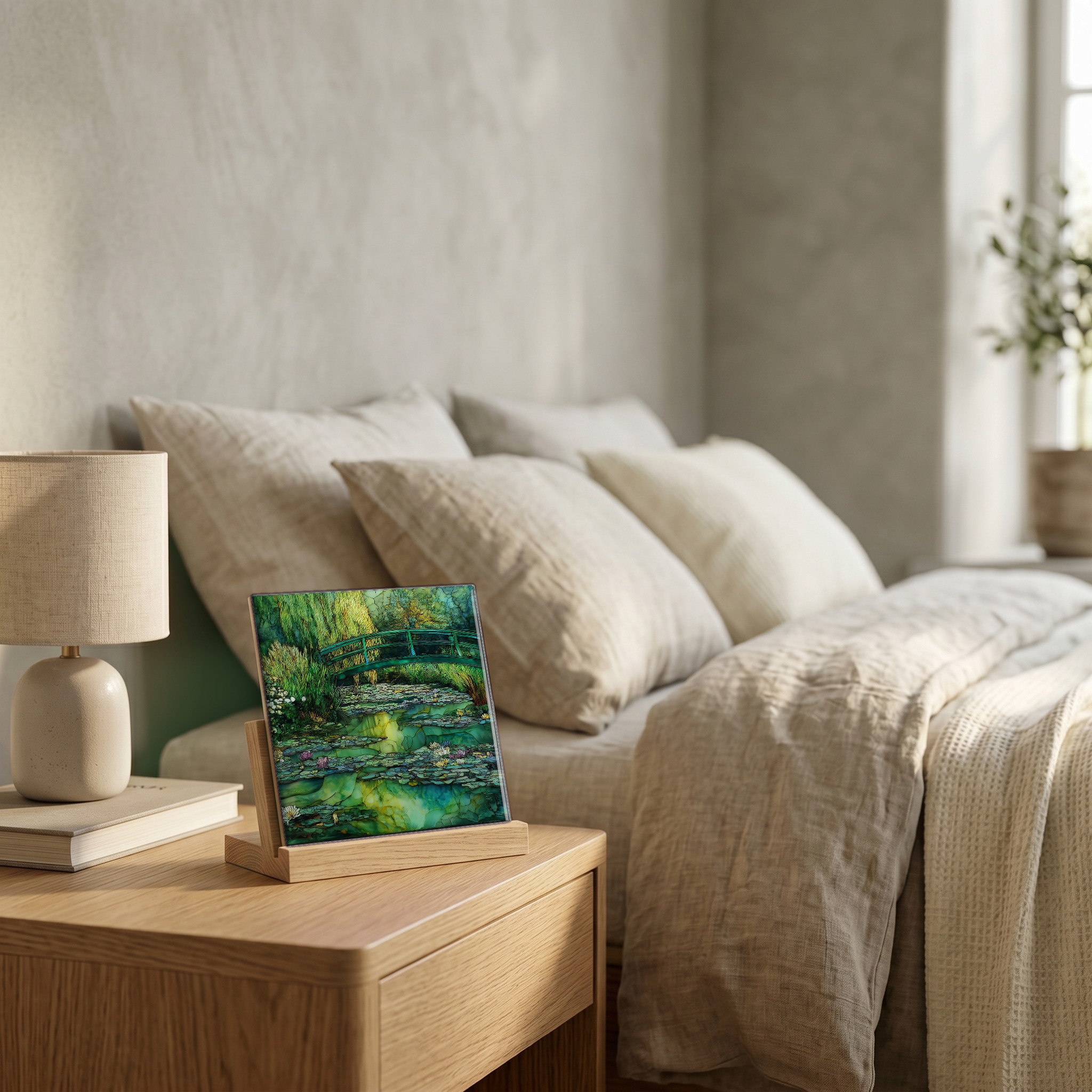 On the nightstand, on a light oak stand.