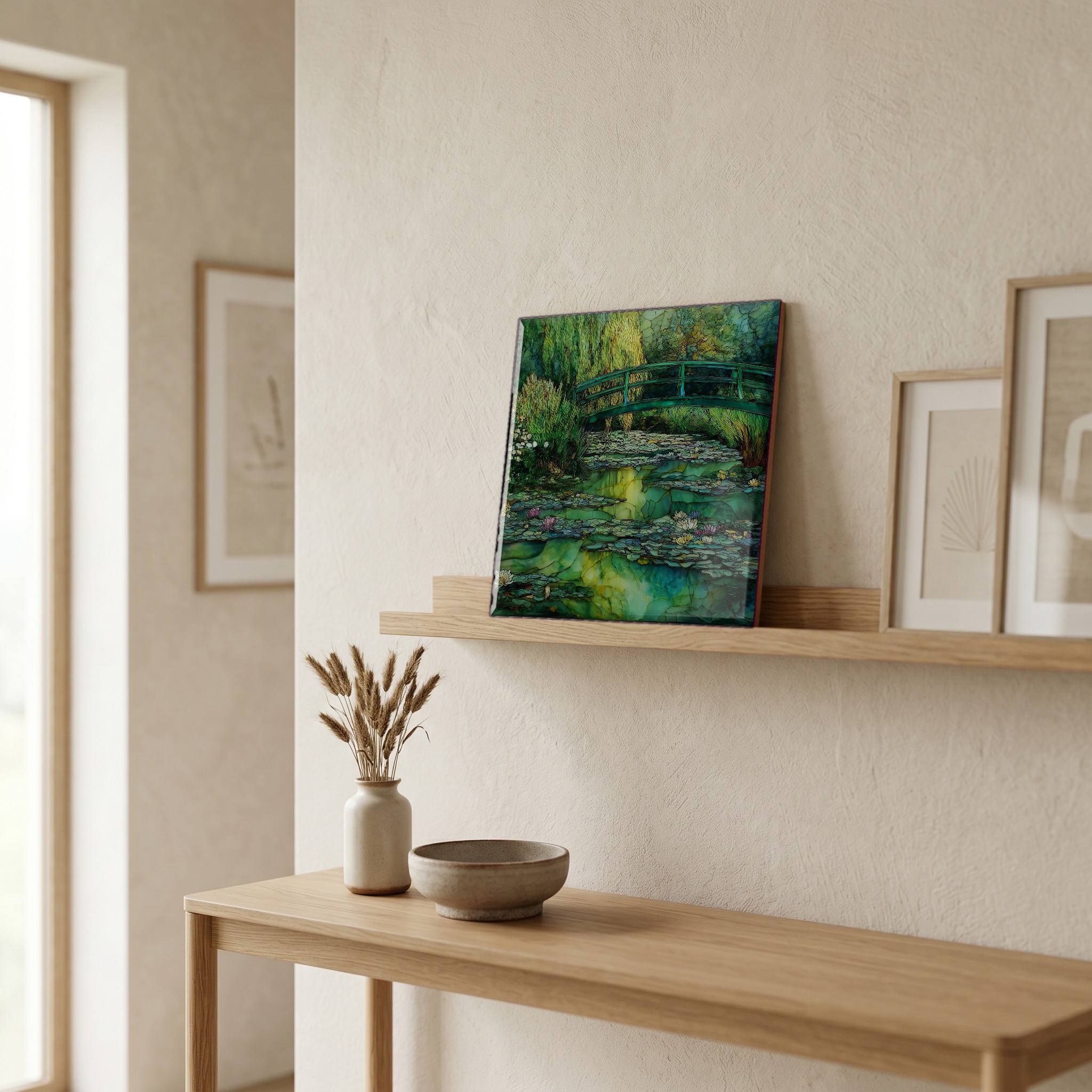 On a picture ledge, where the light comes in.