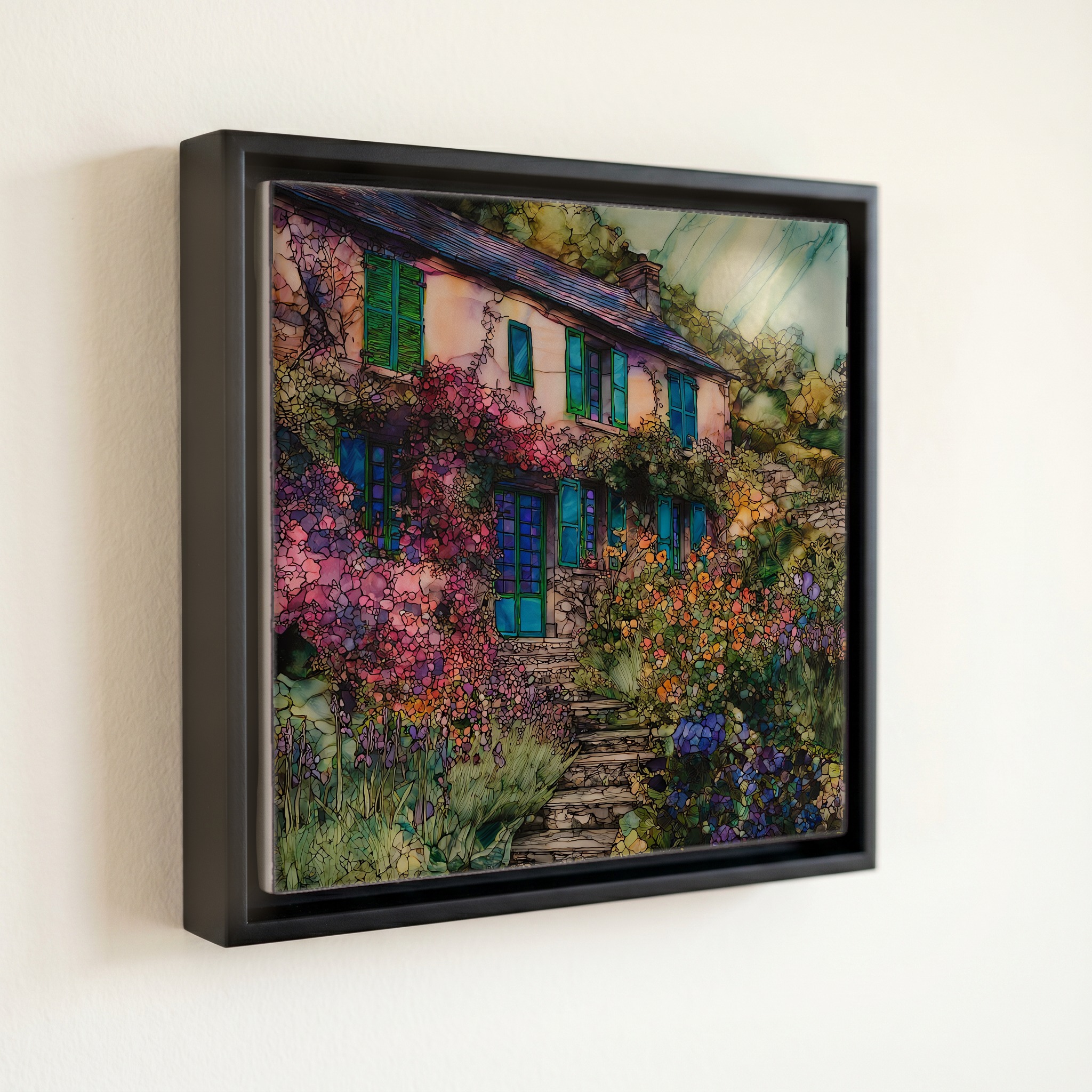 shown in a slim black floating frame · 6 × 6 in