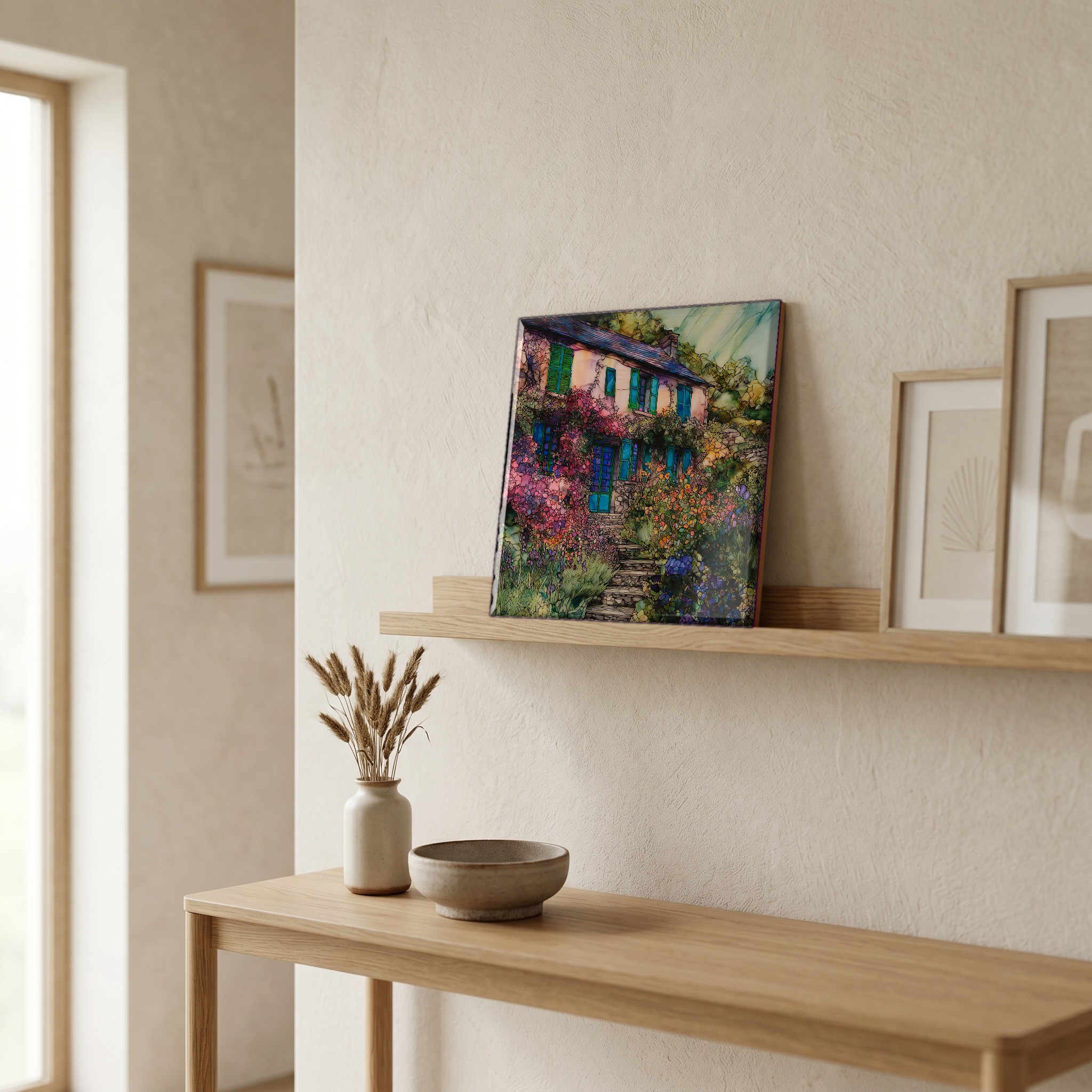On a picture ledge, where the light comes in.