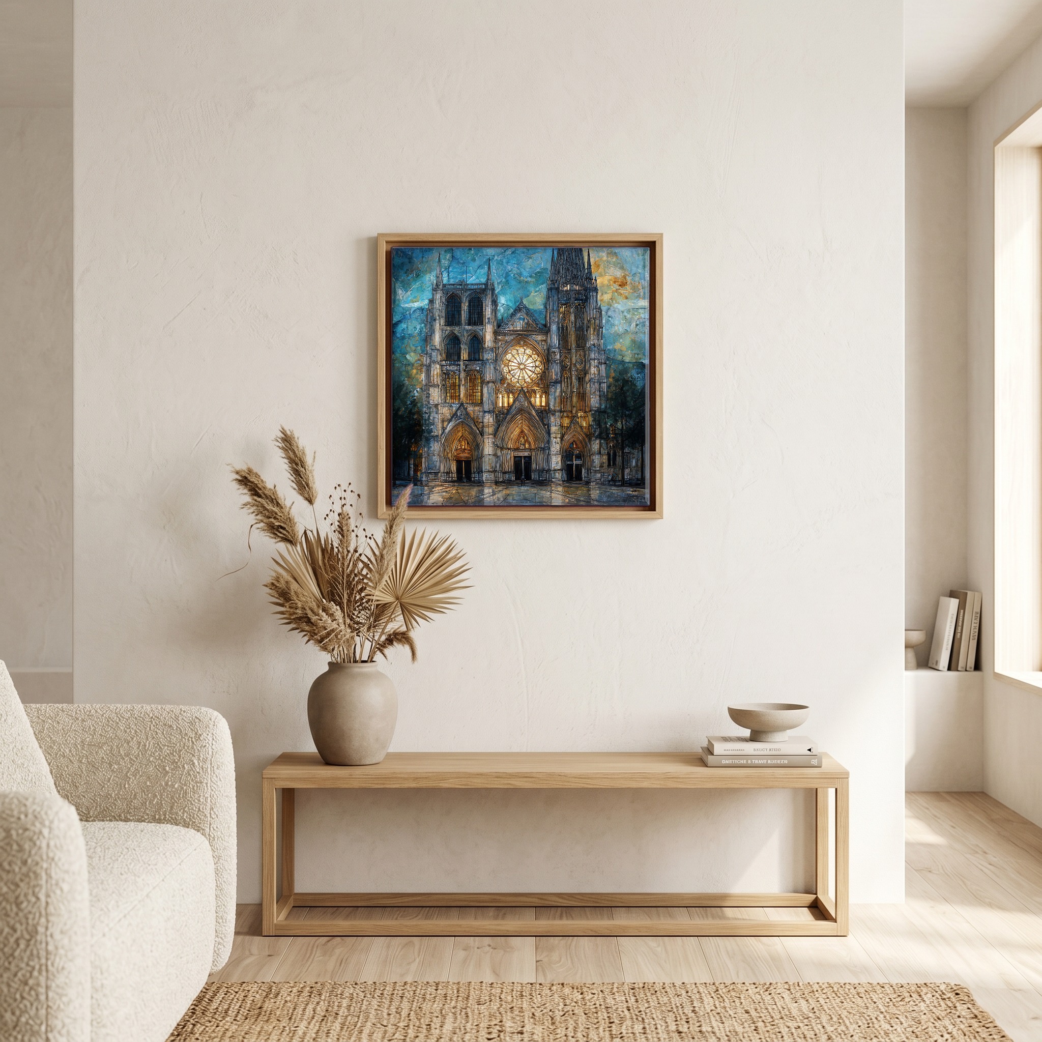 Above the bench, in a warm oak surround.