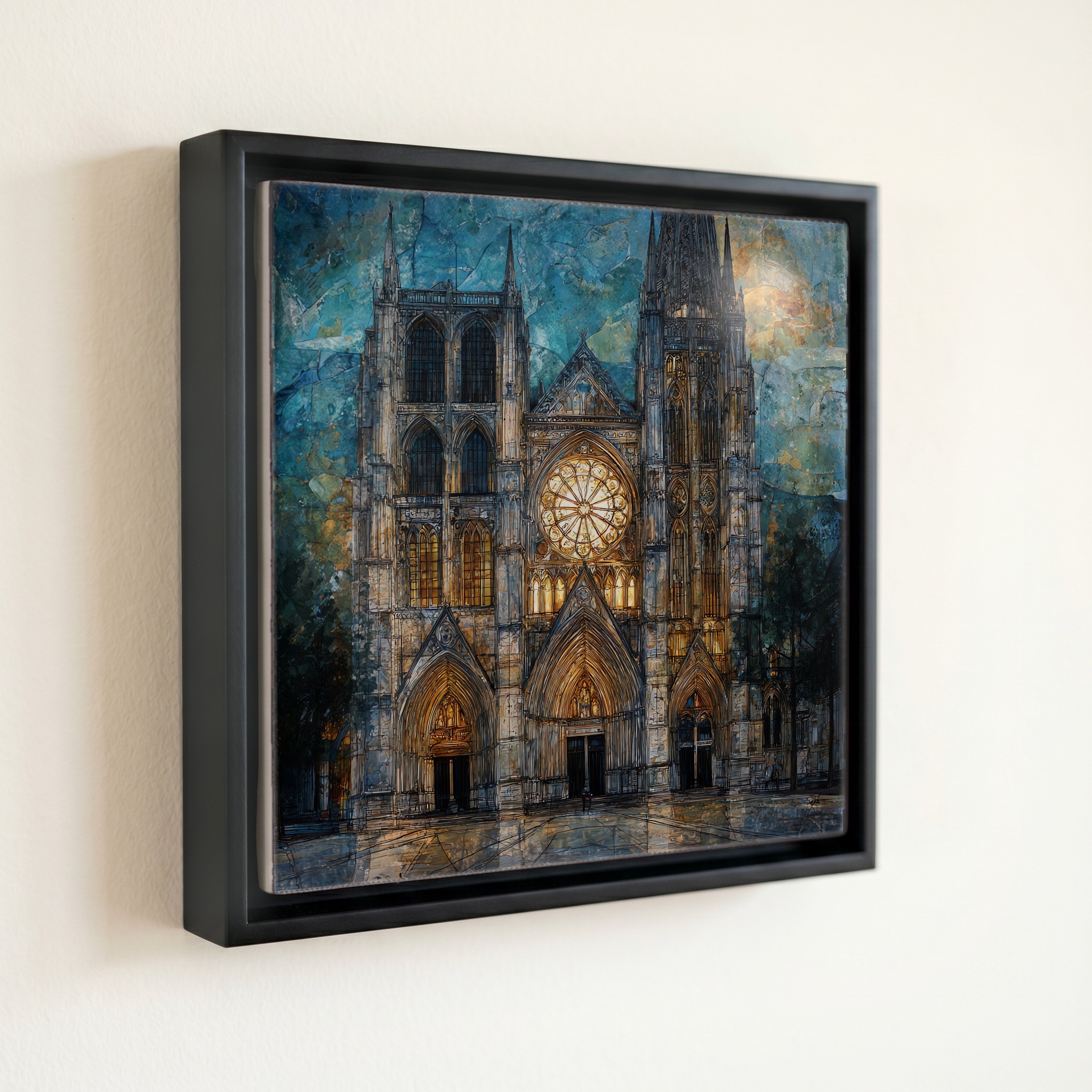 shown in a slim black floating frame · 6 × 6 in