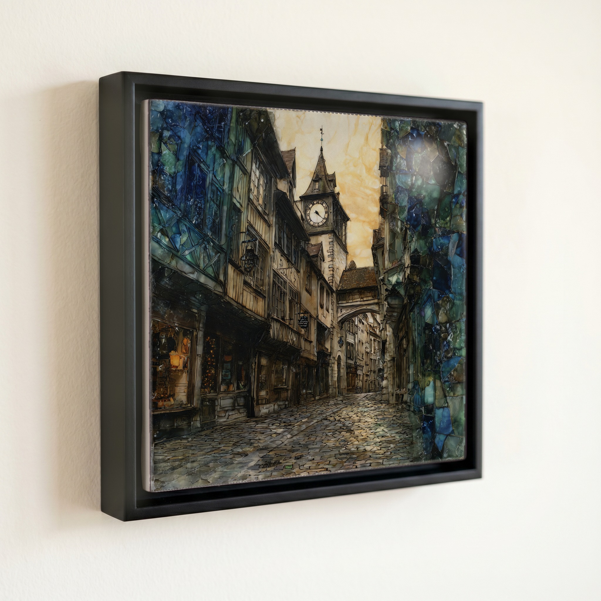 shown in a slim black floating frame · 6 × 6 in