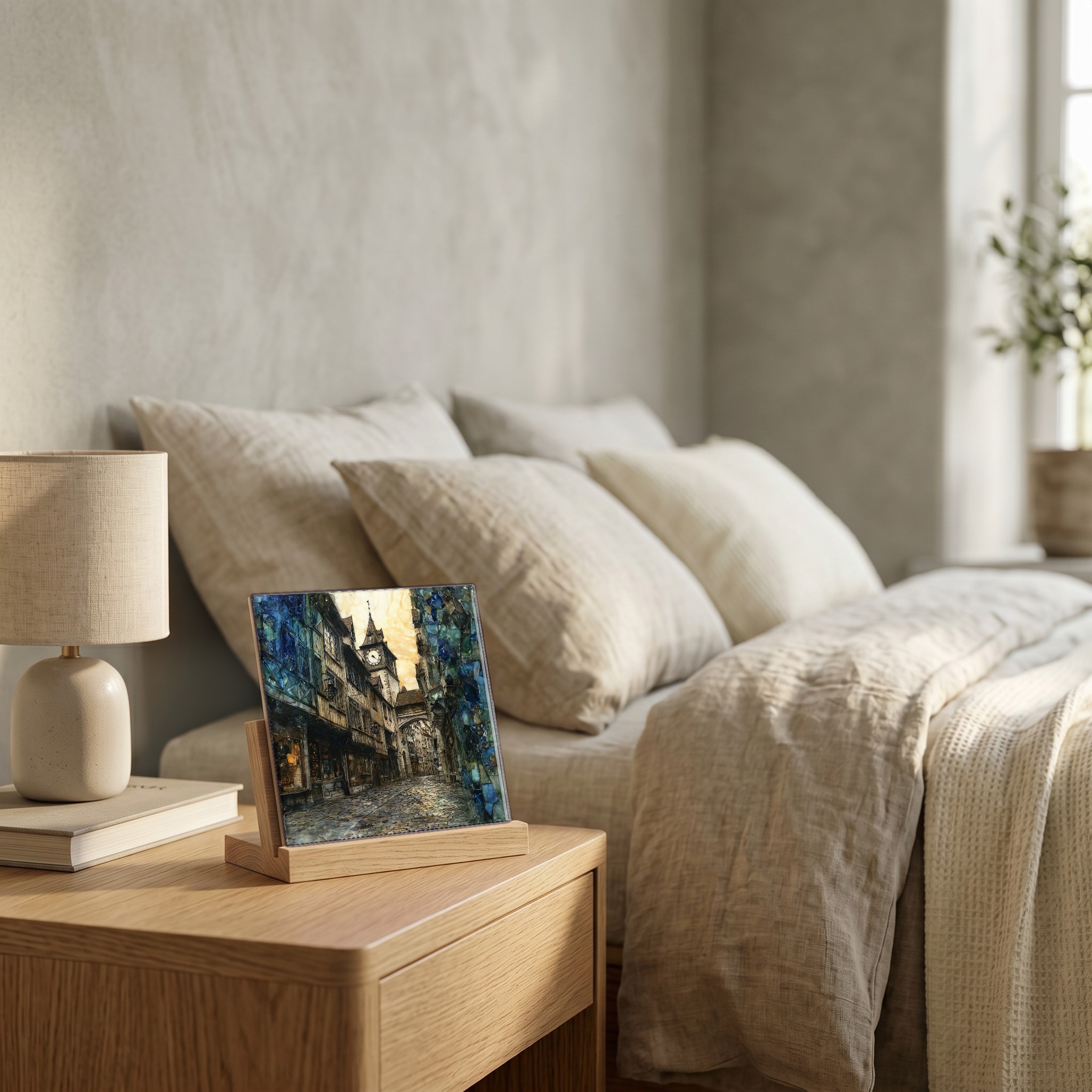 On the nightstand, on a light oak stand.