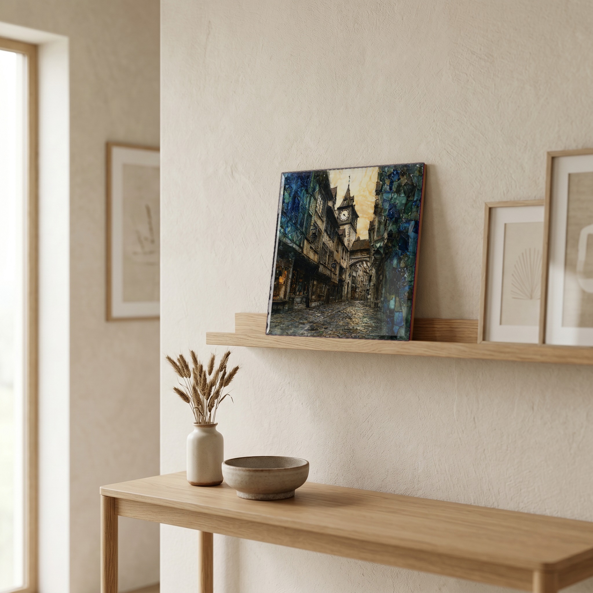 On a picture ledge, where the light comes in.