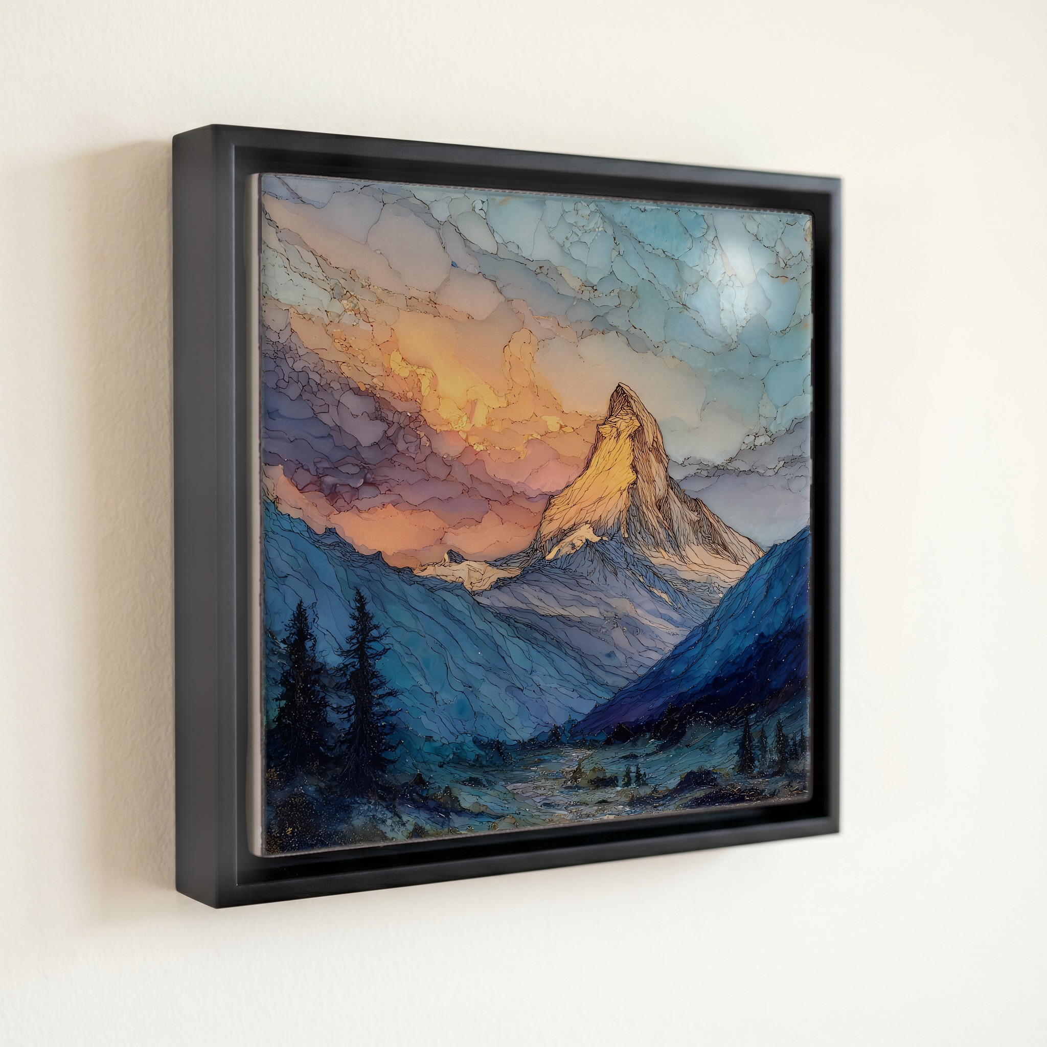 shown in a slim black floating frame · 6 × 6 in