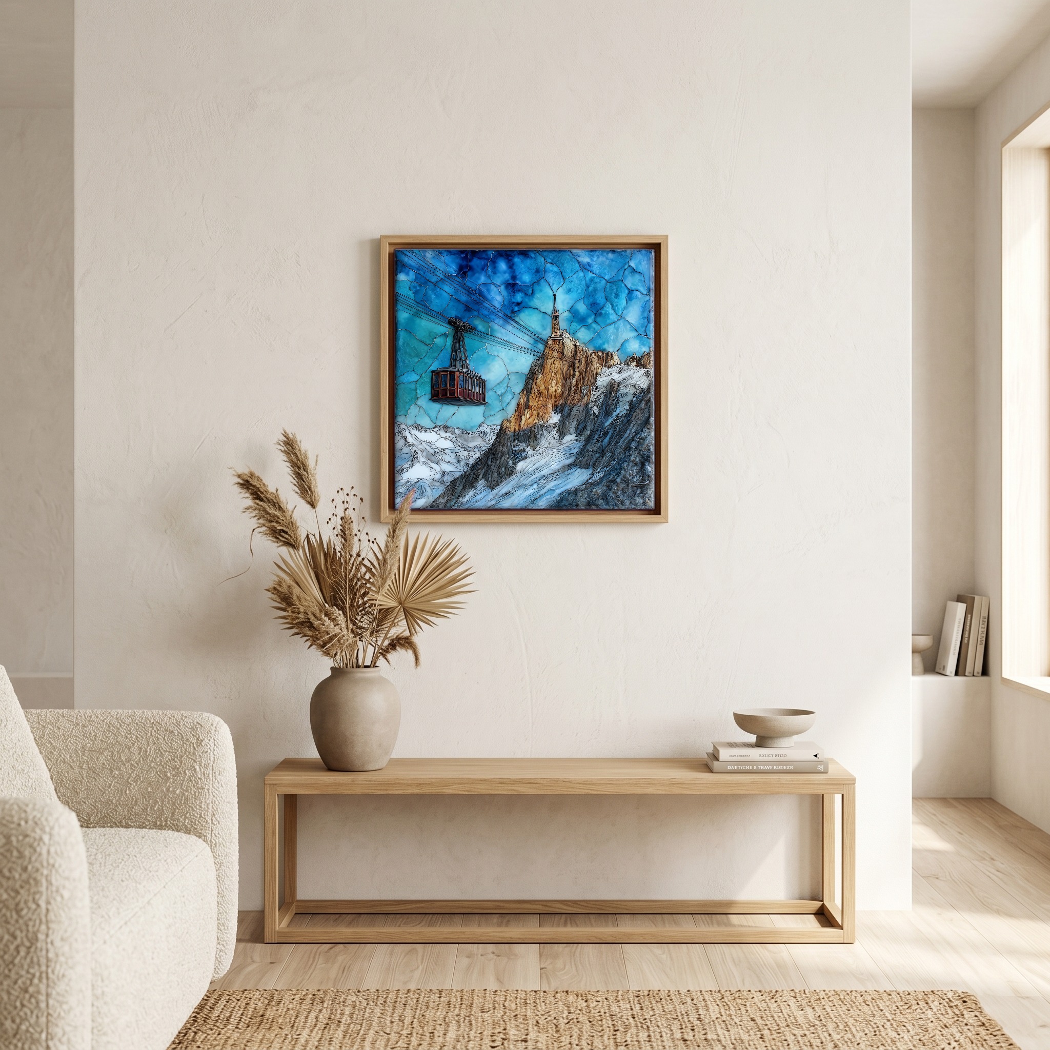 Above the bench, in a warm oak surround.