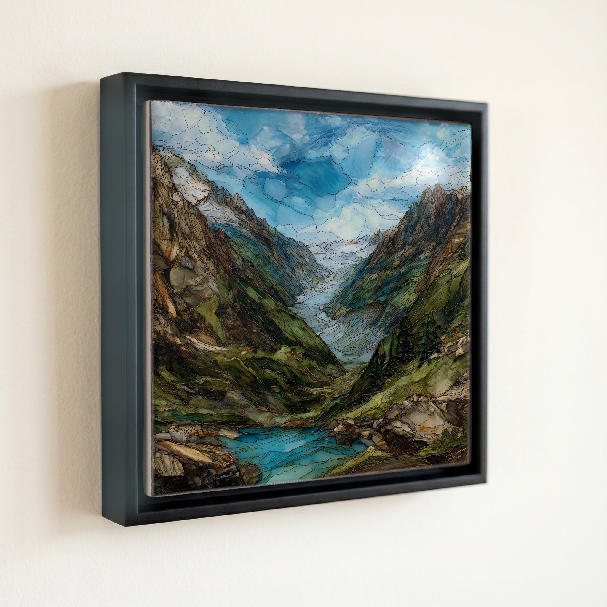 shown in a slim black floating frame · 6 × 6 in