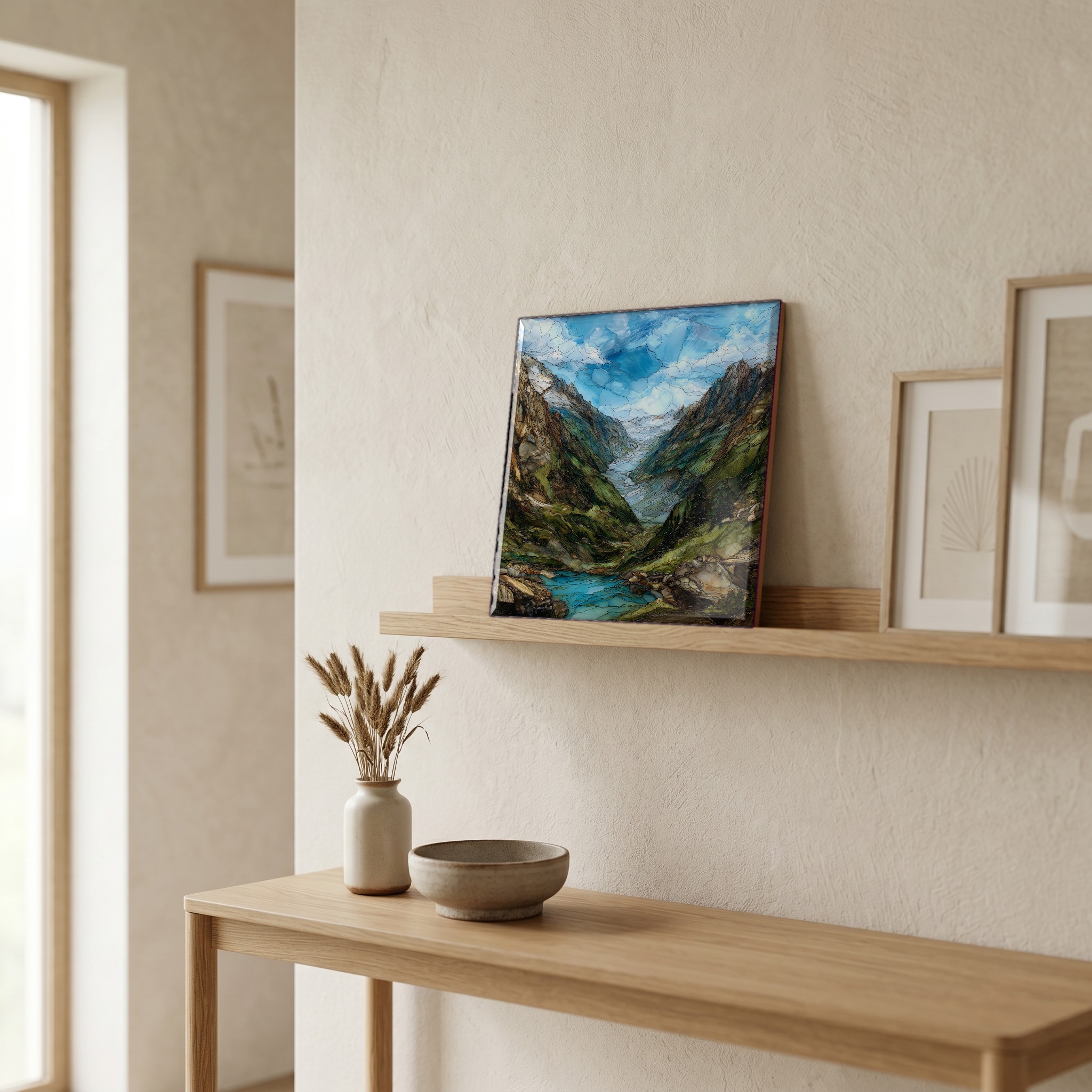 On a picture ledge, where the light comes in.