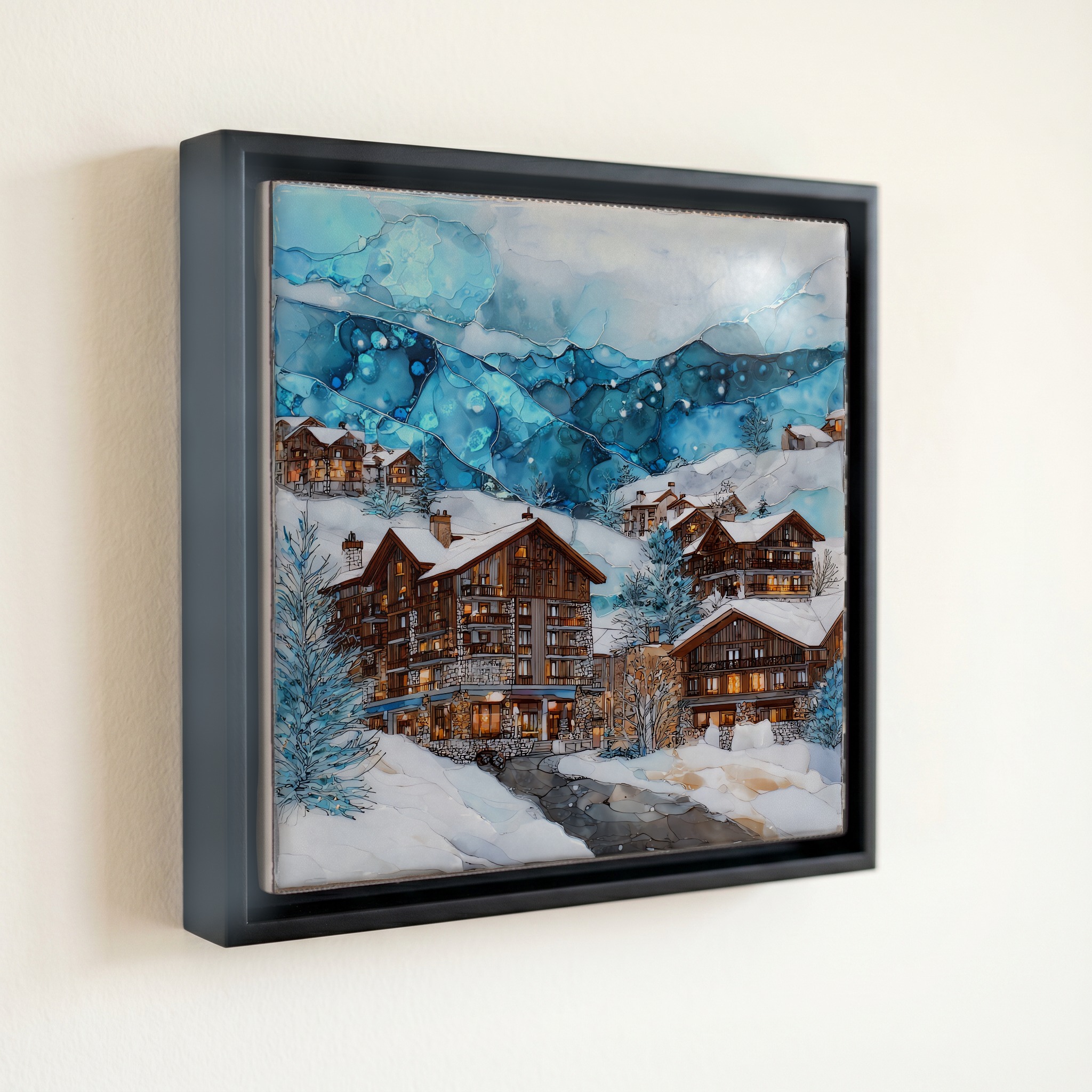 shown in a slim black floating frame · 6 × 6 in