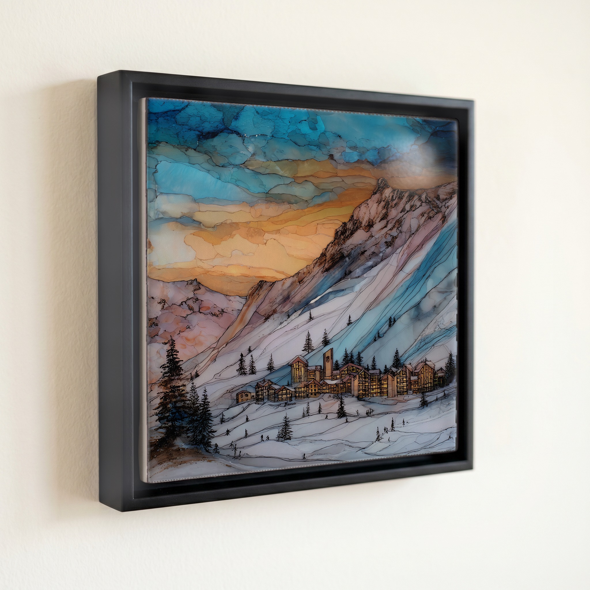 shown in a slim black floating frame · 6 × 6 in