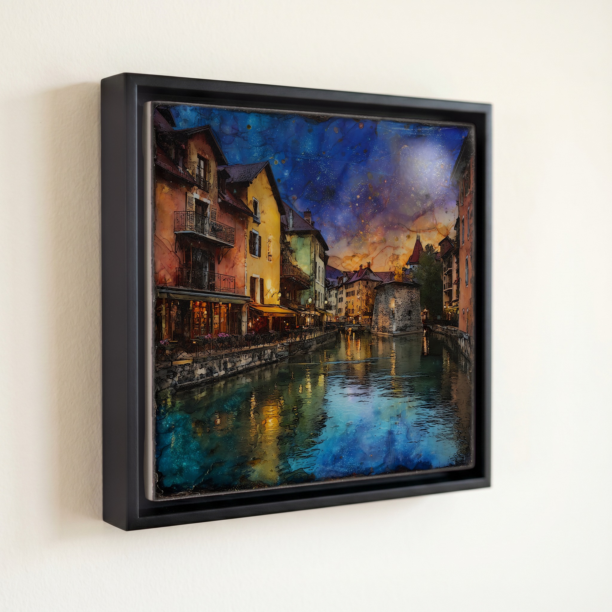 shown in a slim black floating frame · 6 × 6 in