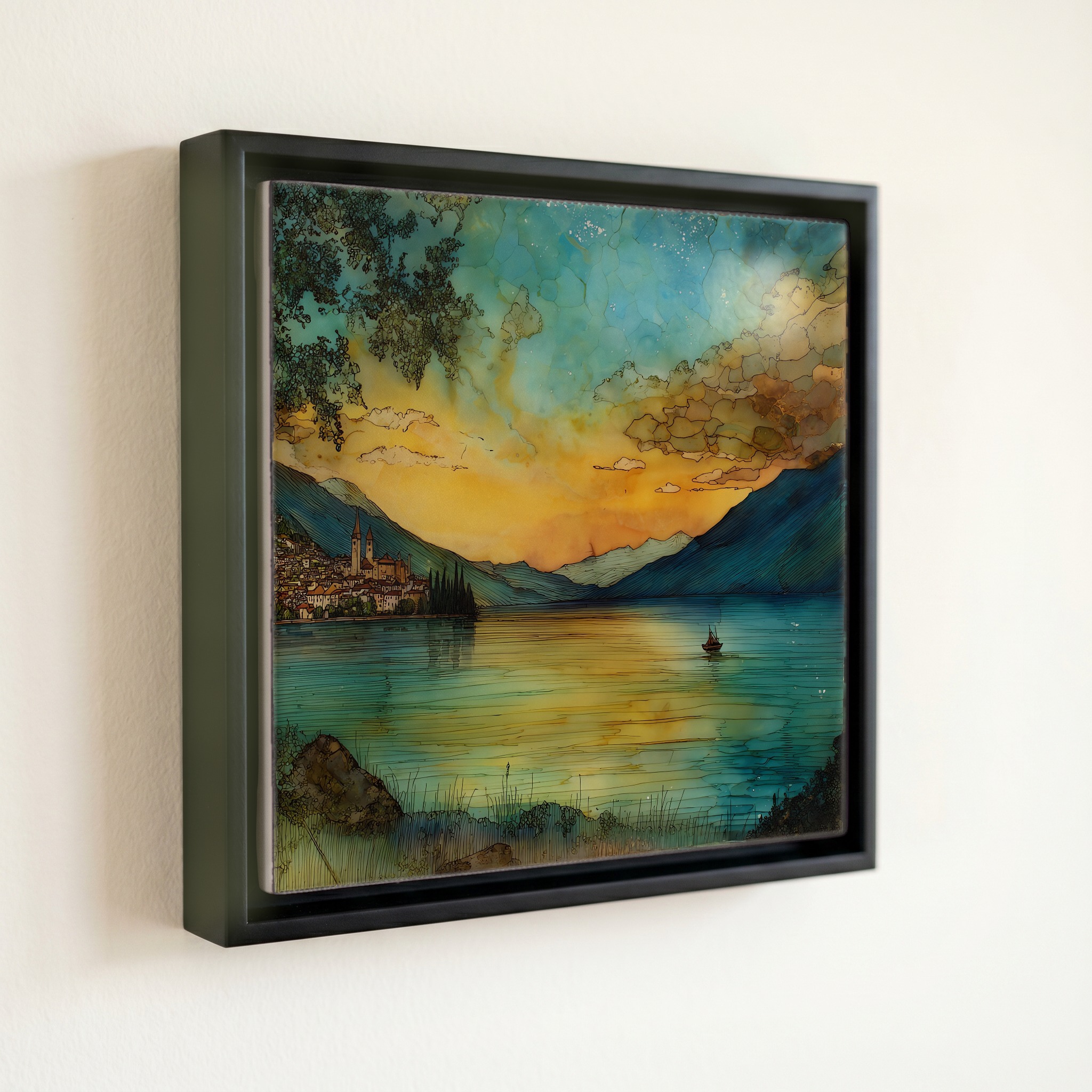 shown in a slim black floating frame · 6 × 6 in