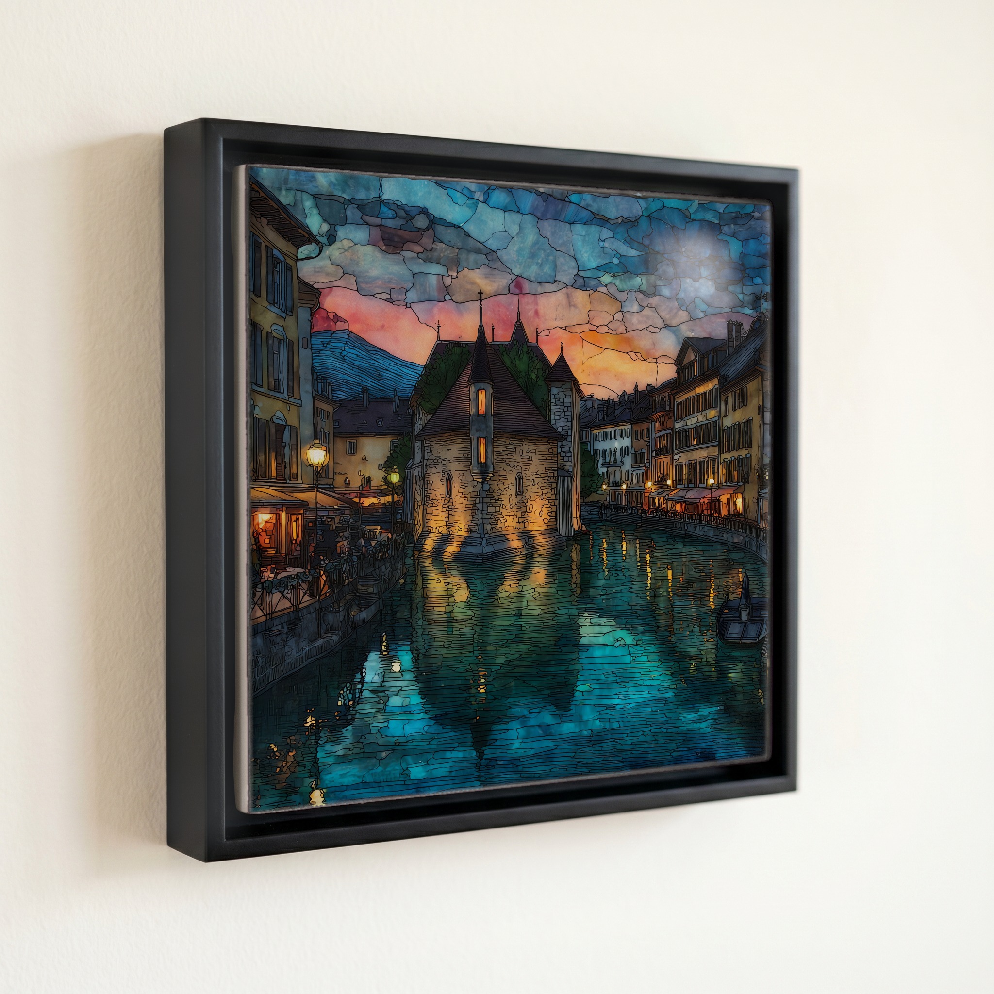 shown in a slim black floating frame · 6 × 6 in