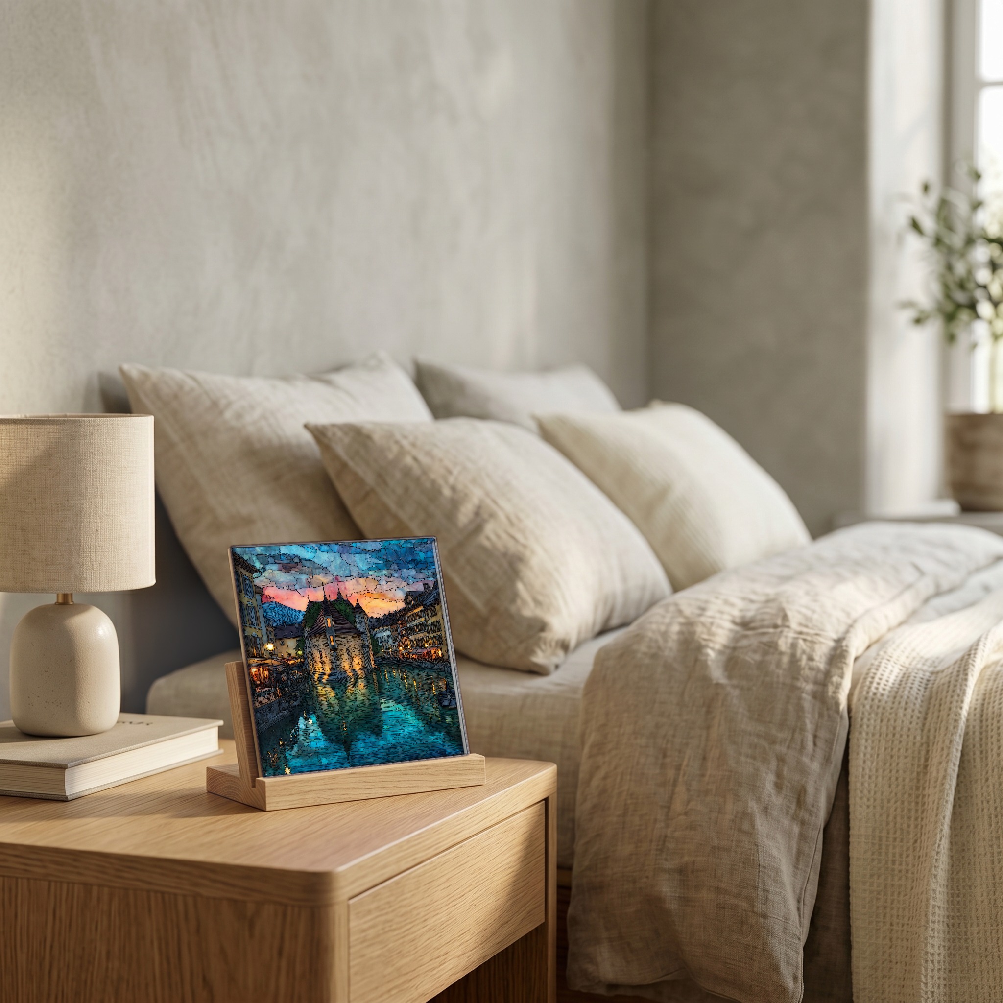 On the nightstand, on a light oak stand.