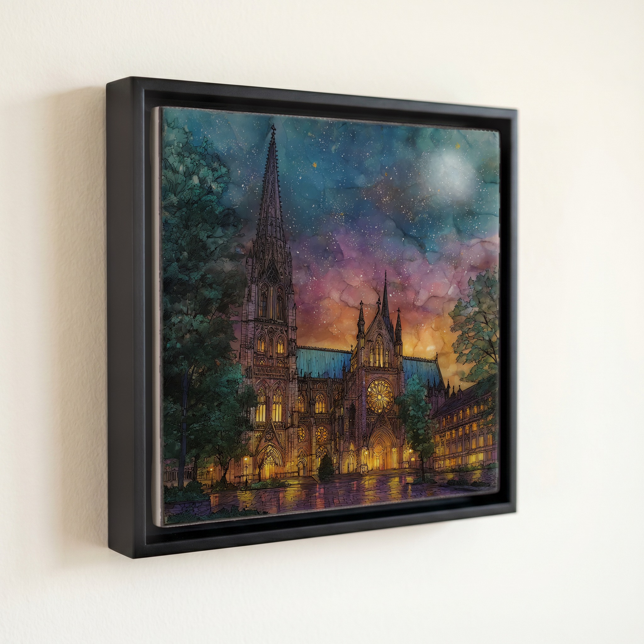 shown in a slim black floating frame · 6 × 6 in