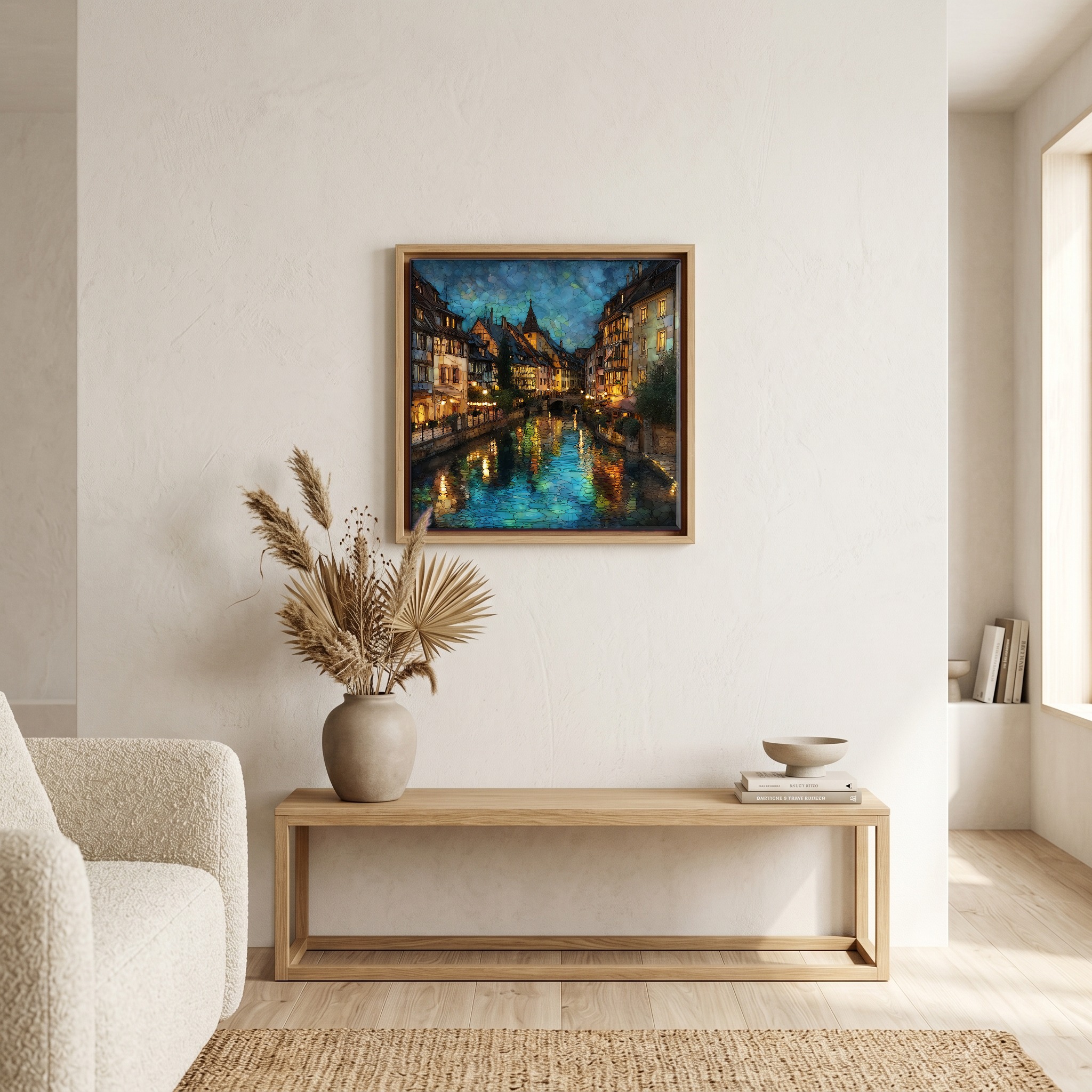 Above the bench, in a warm oak surround.