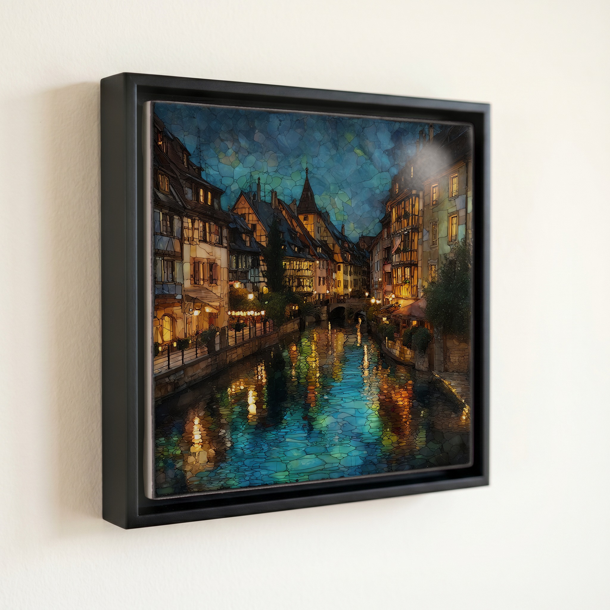 shown in a slim black floating frame · 6 × 6 in
