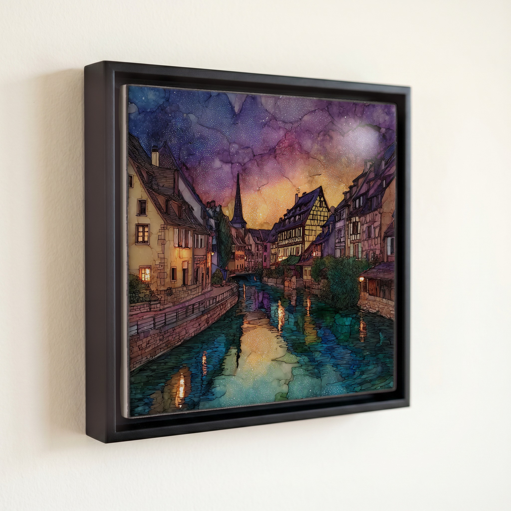 shown in a slim black floating frame · 6 × 6 in