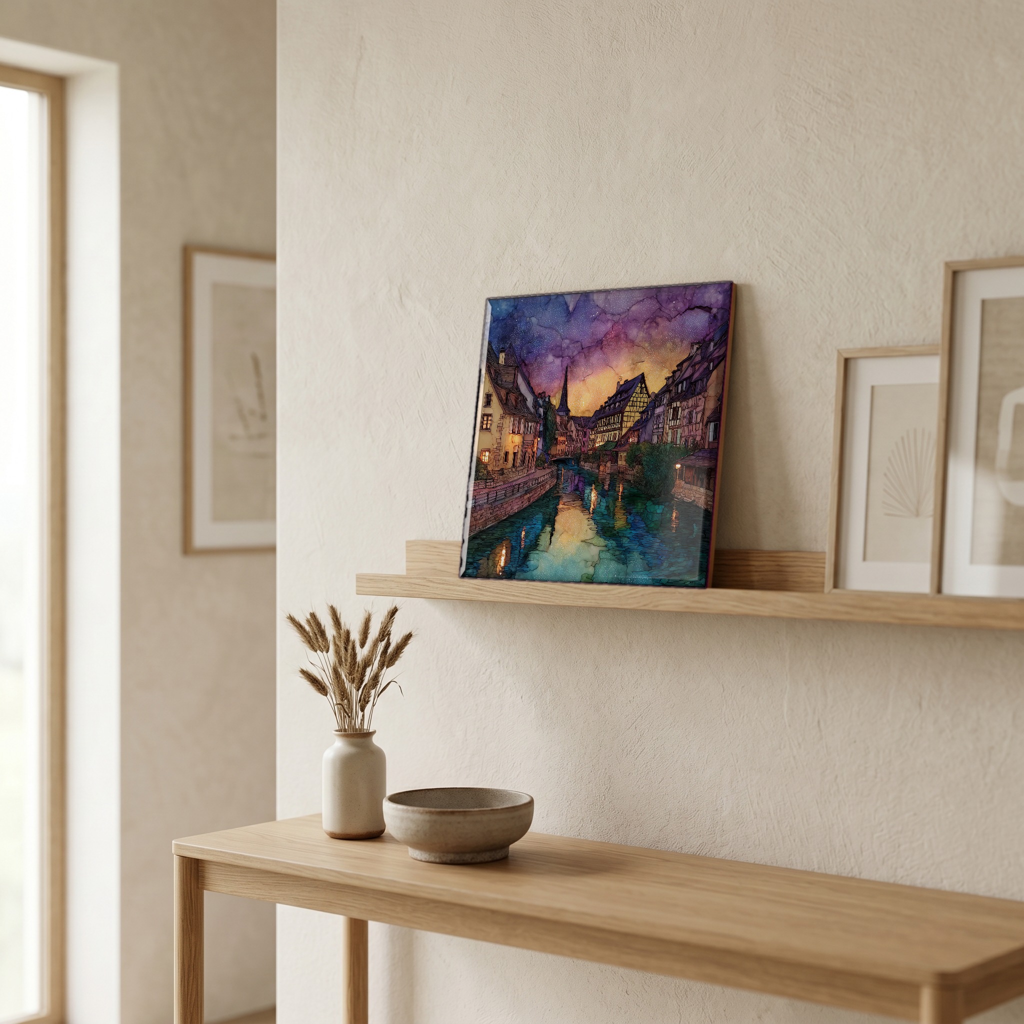 On a picture ledge, where the light comes in.