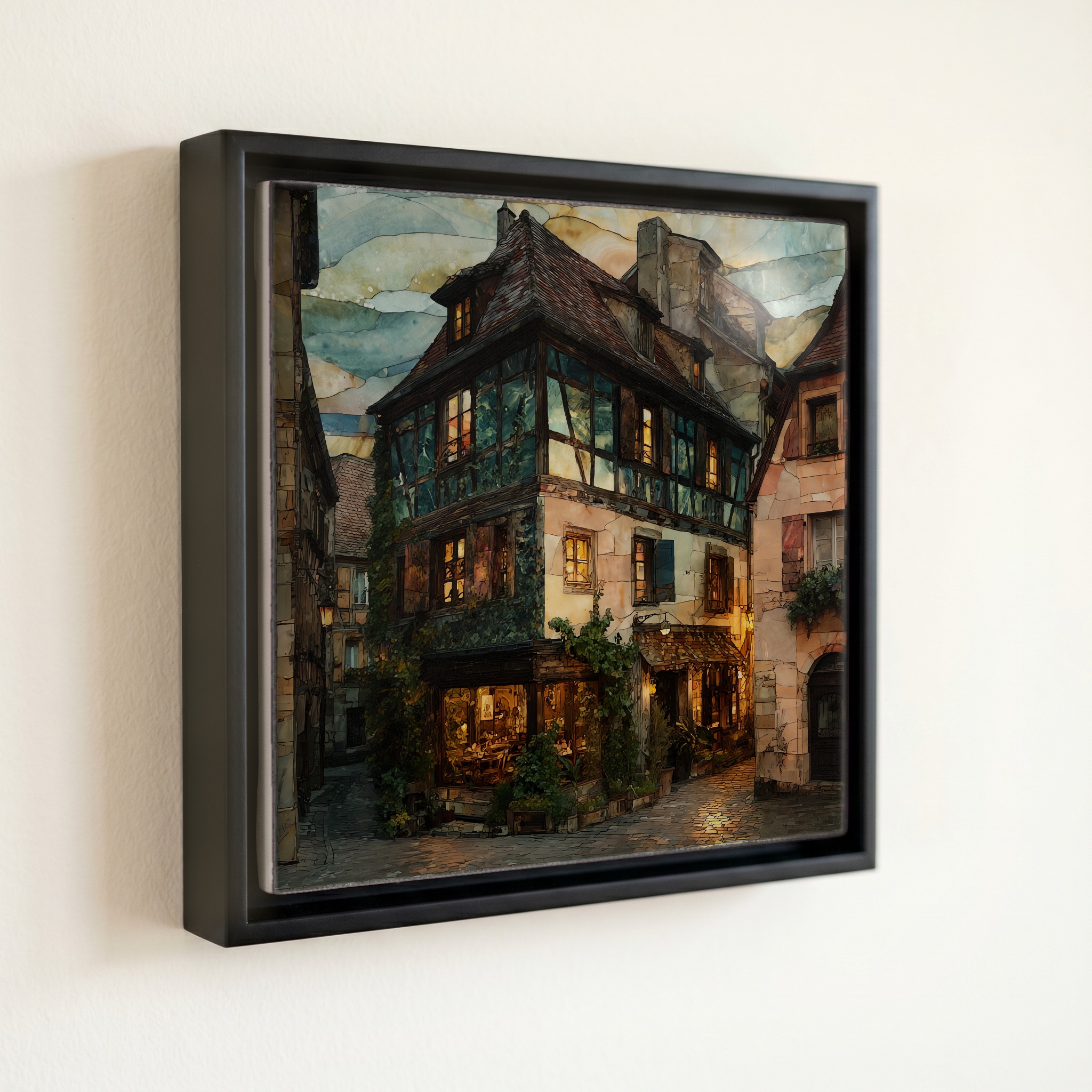 shown in a slim black floating frame · 6 × 6 in