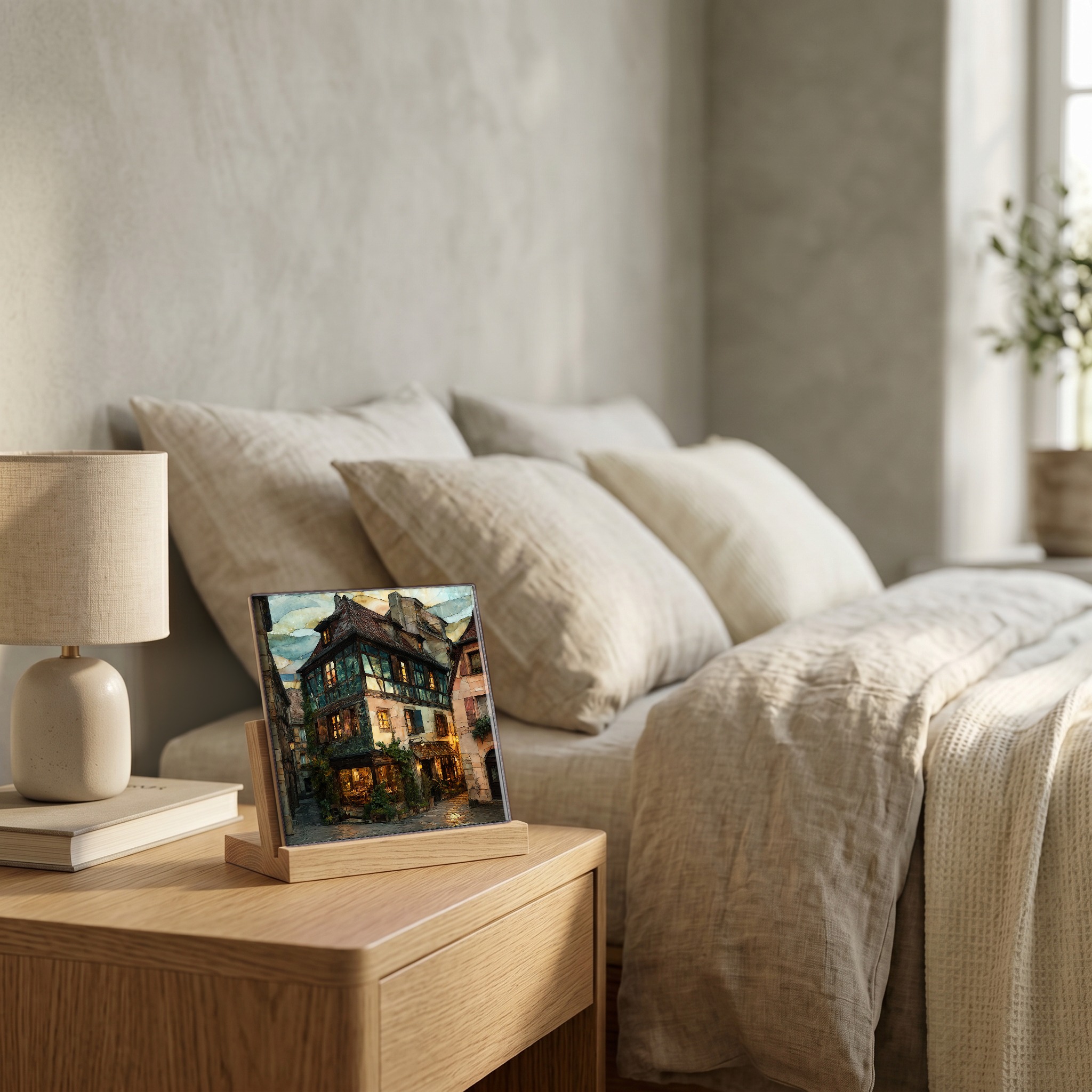 On the nightstand, on a light oak stand.