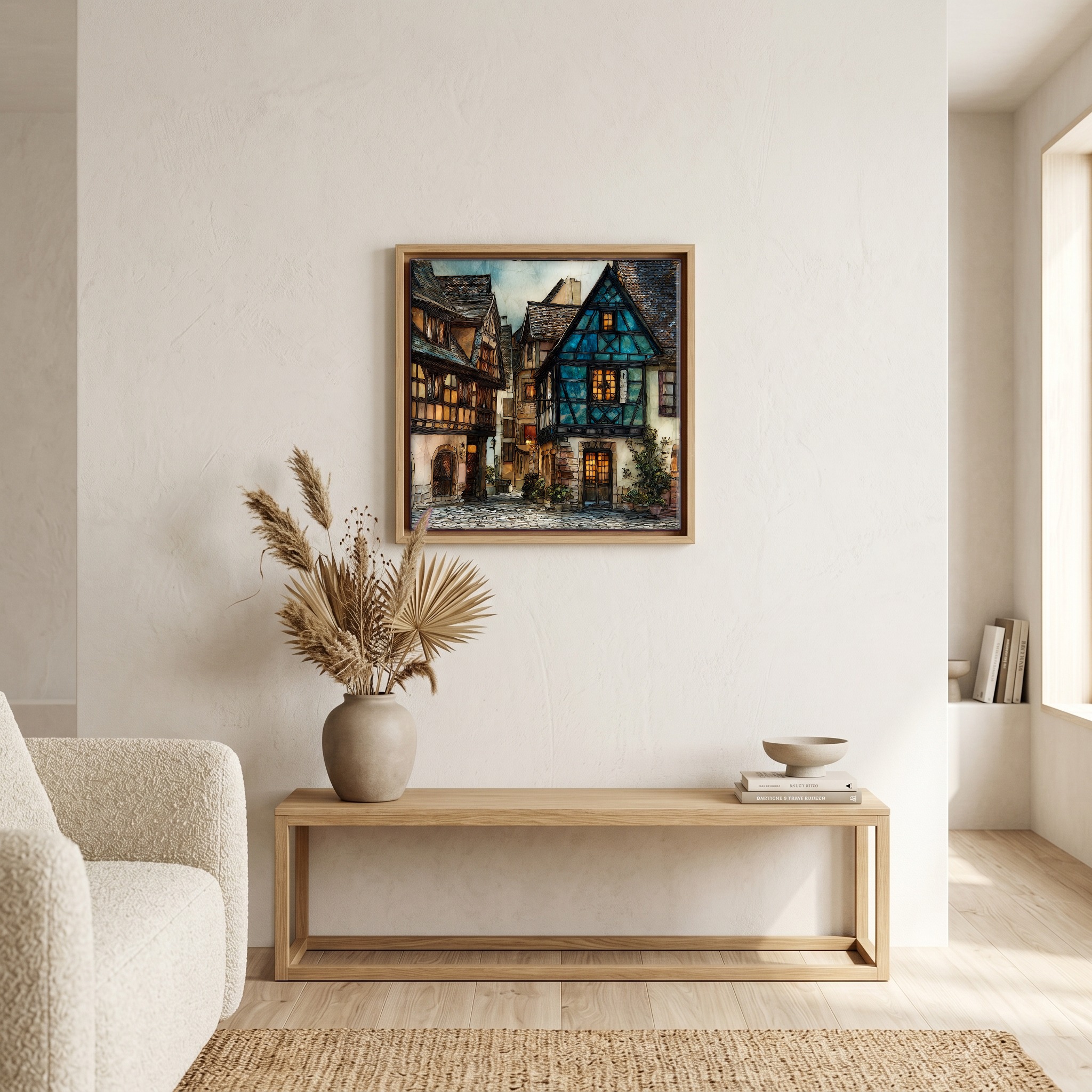 Above the bench, in a warm oak surround.