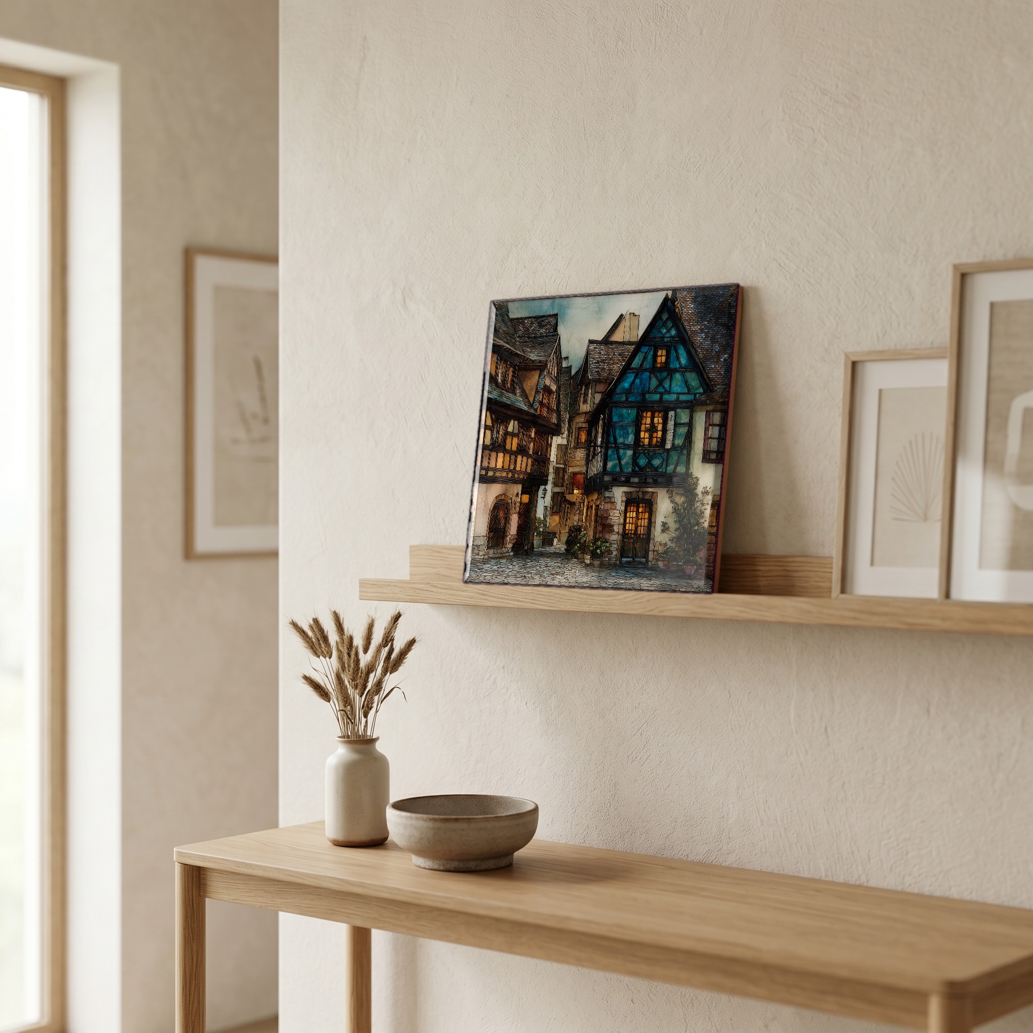 On a picture ledge, where the light comes in.