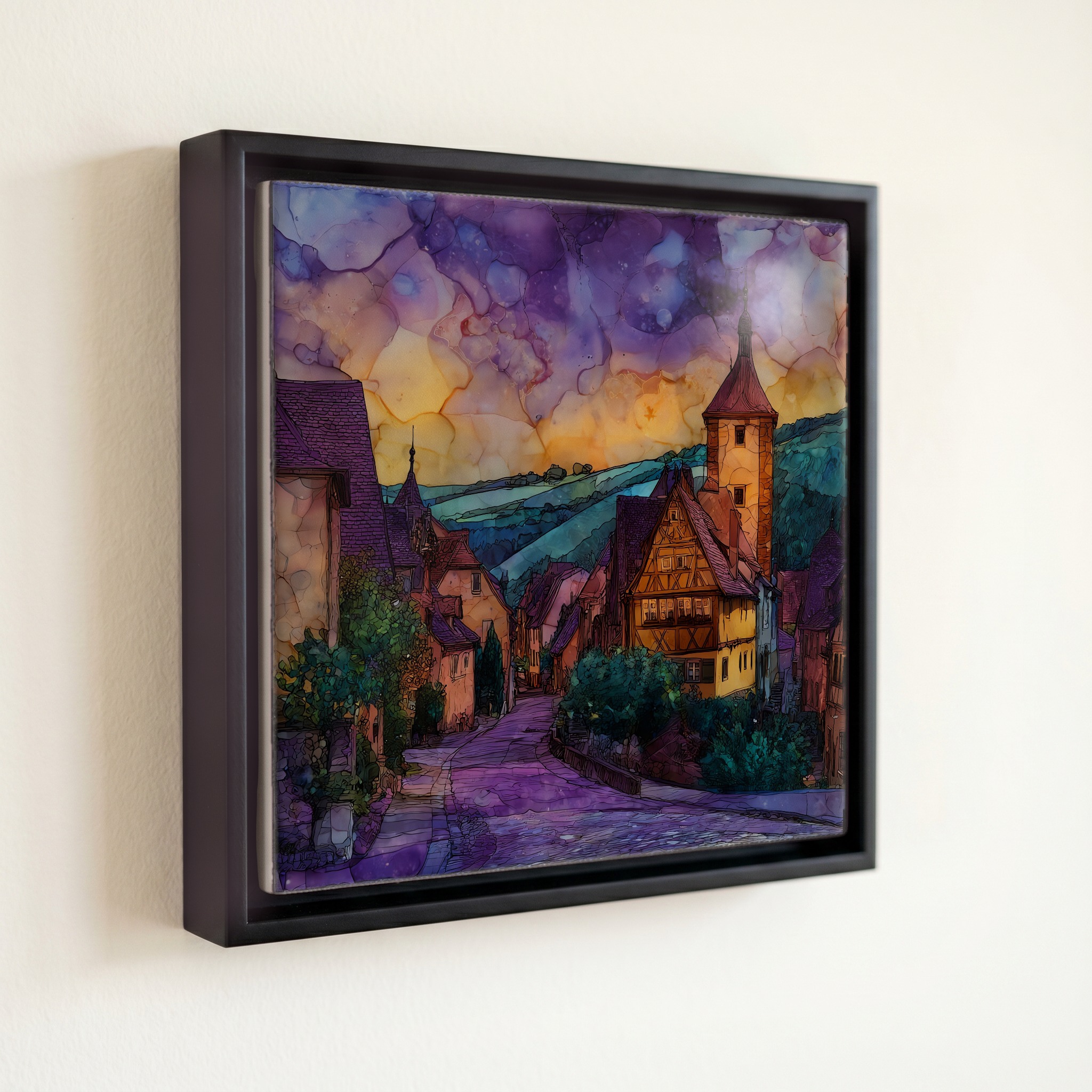 shown in a slim black floating frame · 6 × 6 in