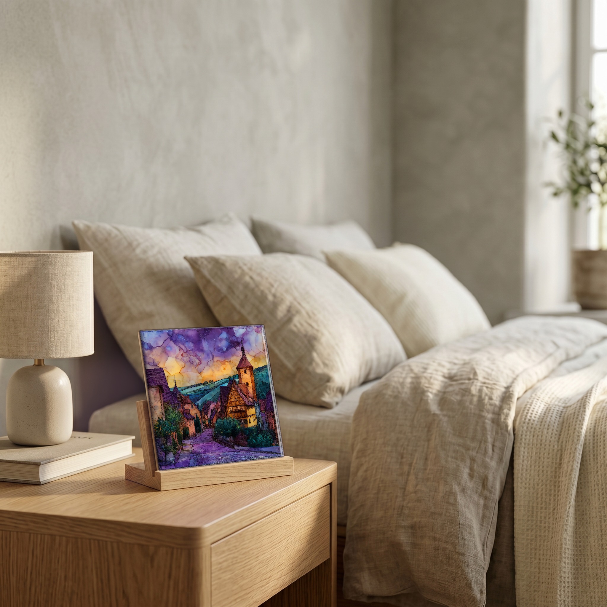 On the nightstand, on a light oak stand.