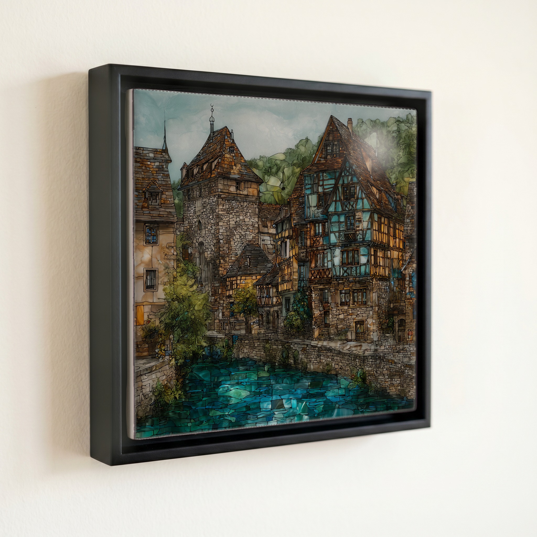 shown in a slim black floating frame · 6 × 6 in