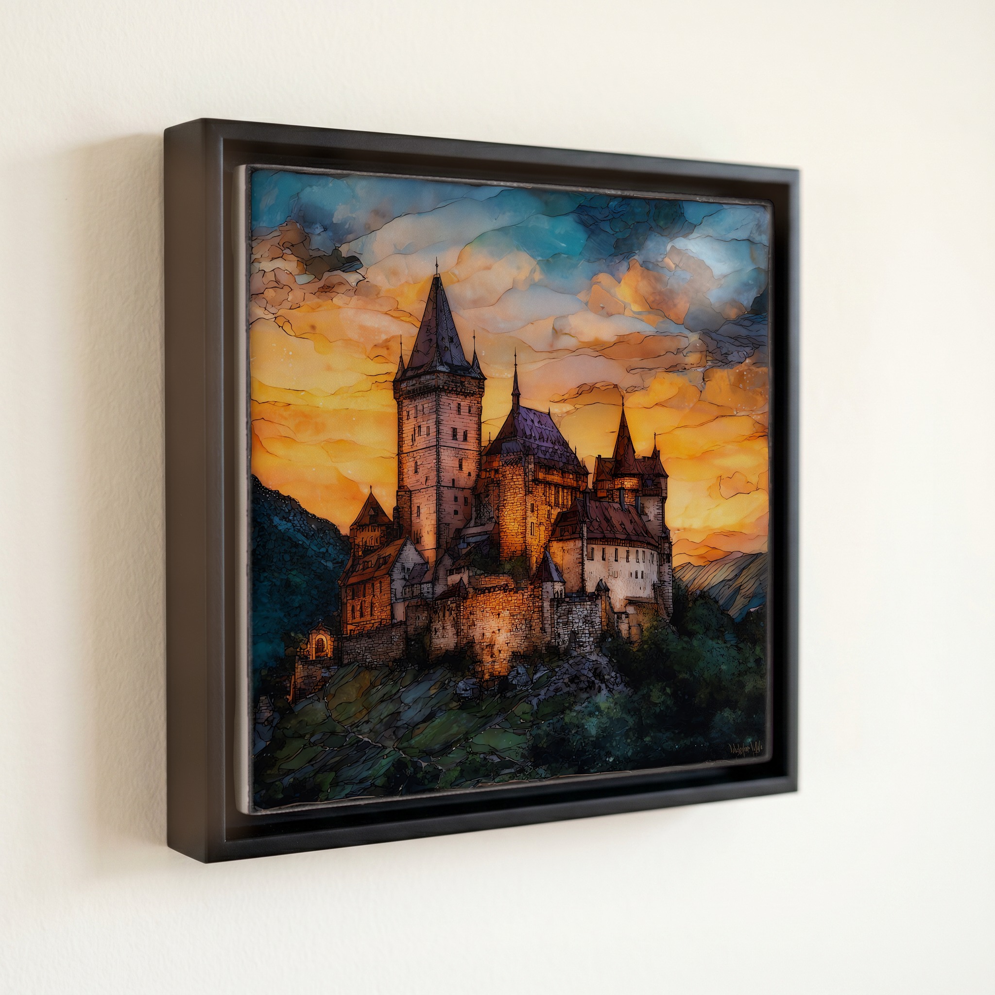 shown in a slim black floating frame · 6 × 6 in