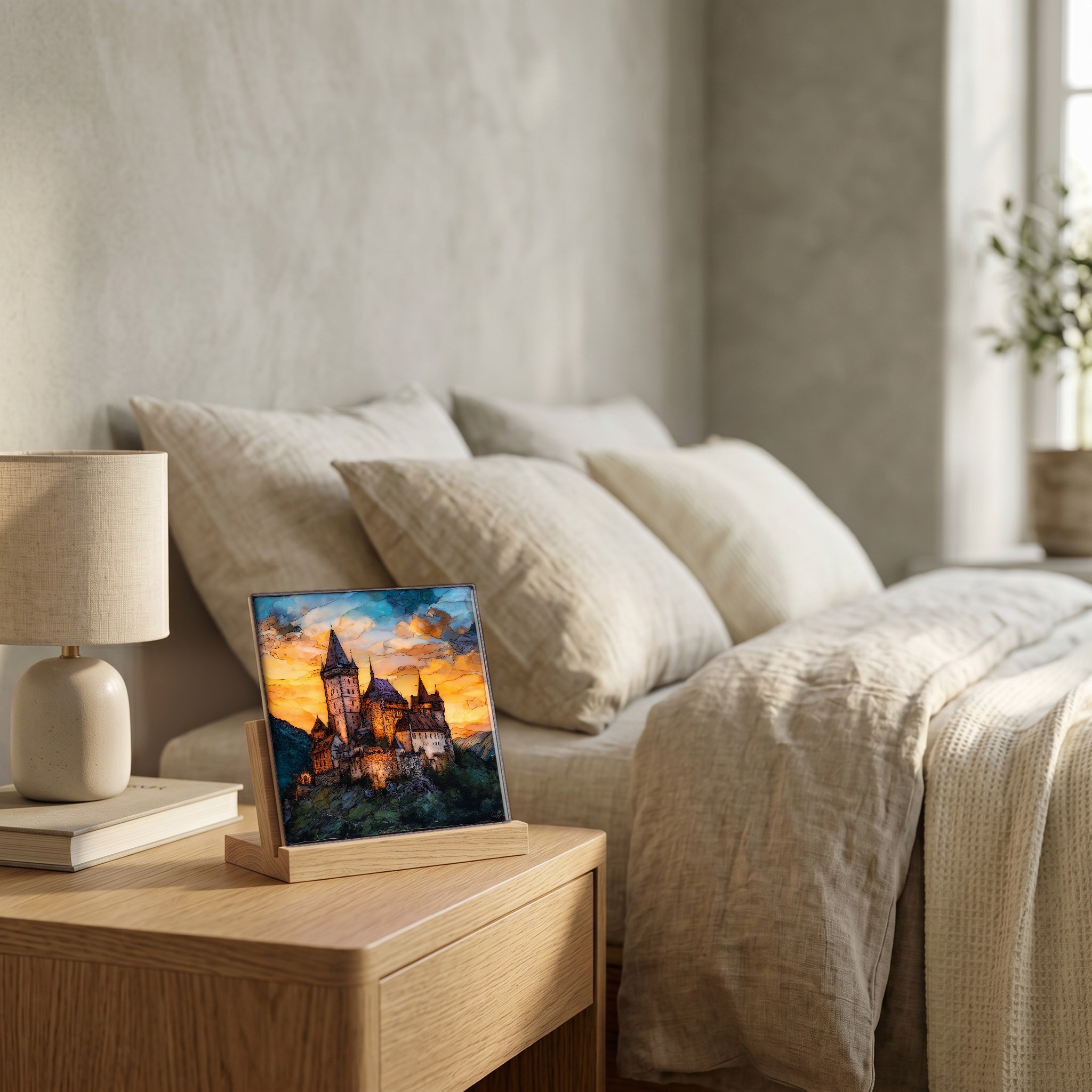 On the nightstand, on a light oak stand.