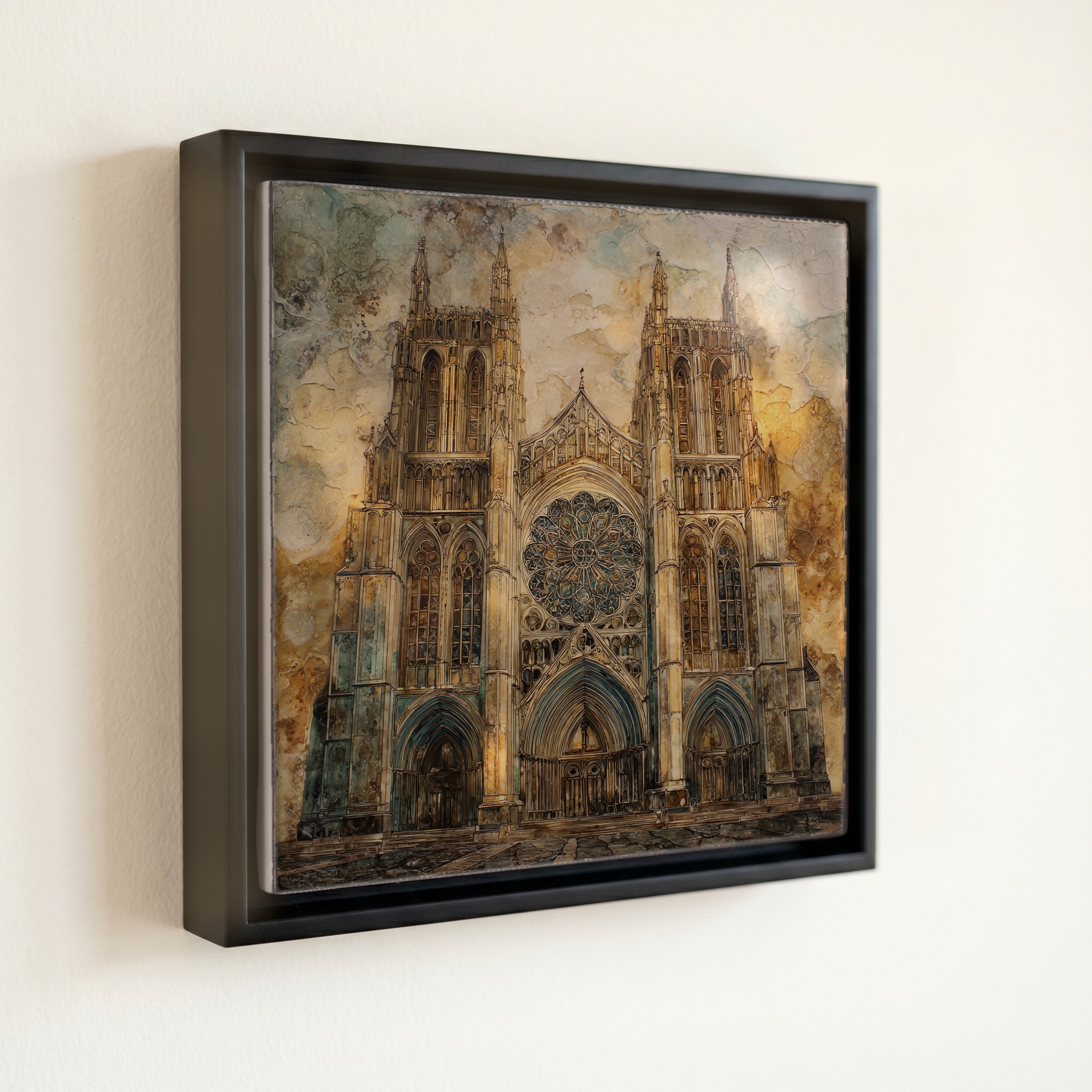 shown in a slim black floating frame · 6 × 6 in