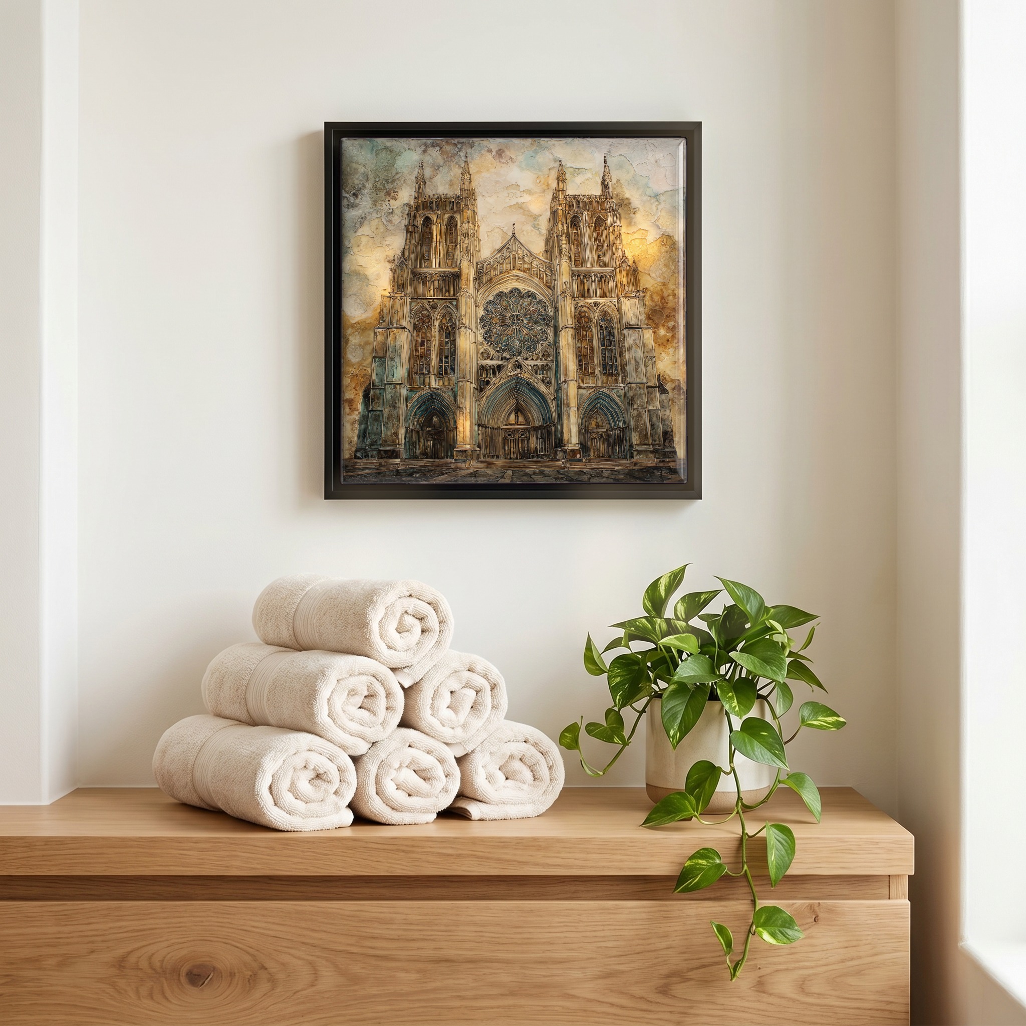 Above the linens, in a slim black surround.