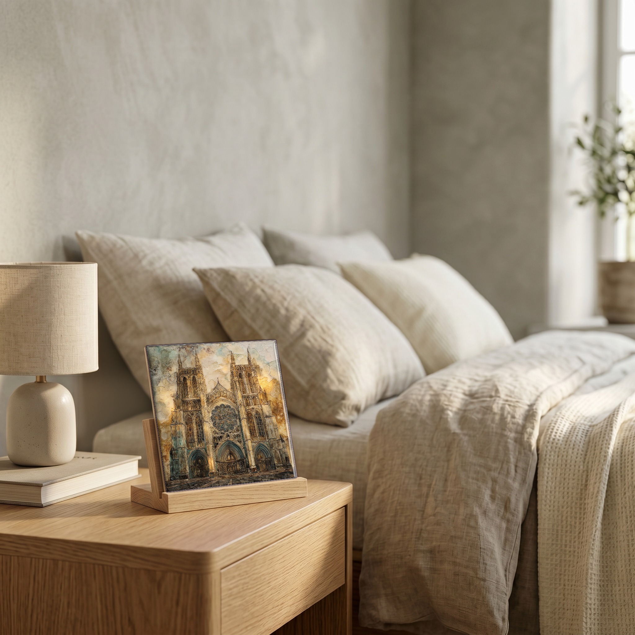 On the nightstand, on a light oak stand.